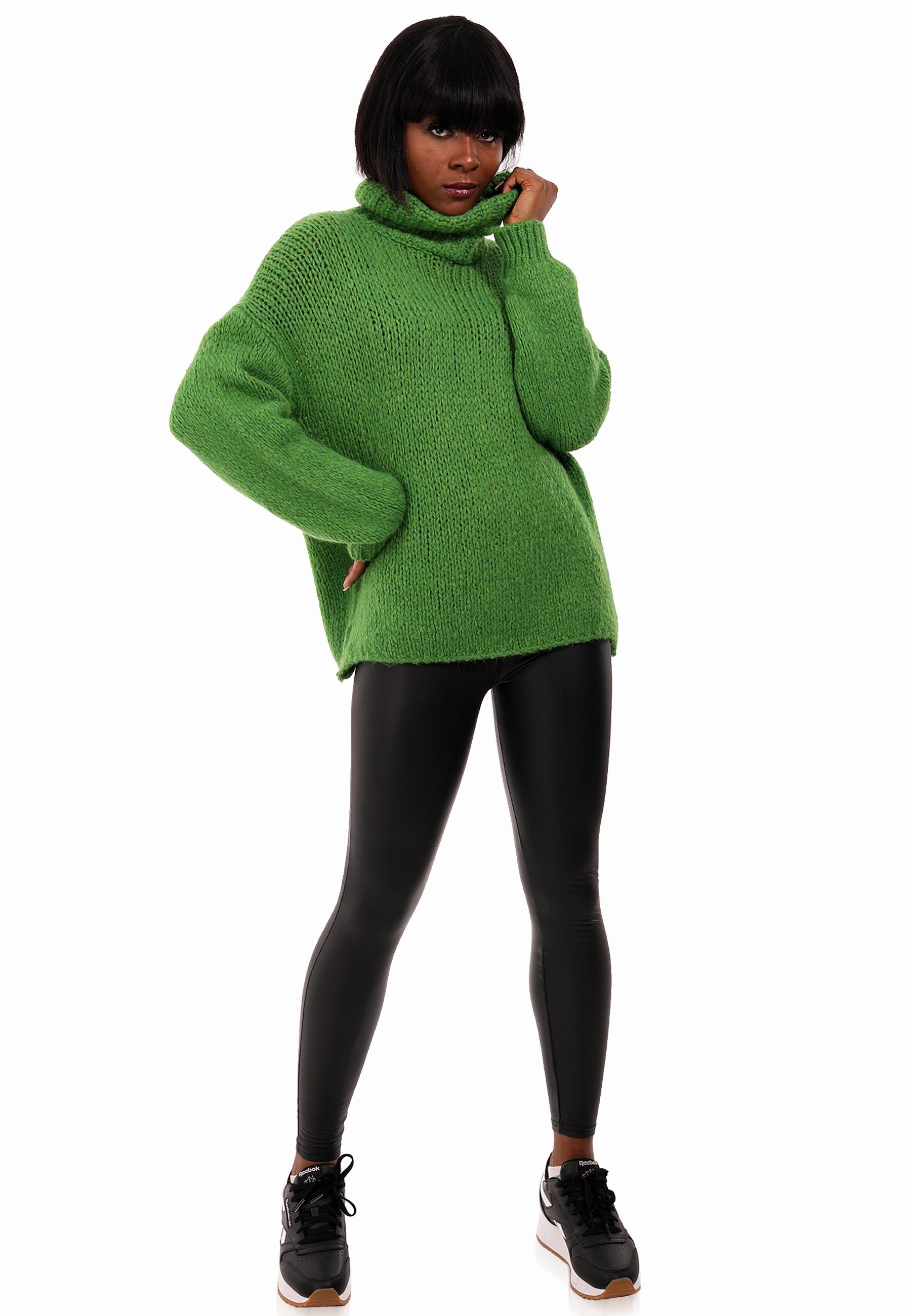 Qualität in YC Style Pullover mit Fashion Strickpullover Unifarbe grün Rollkragen & Kuschelweiche (1-tlg)