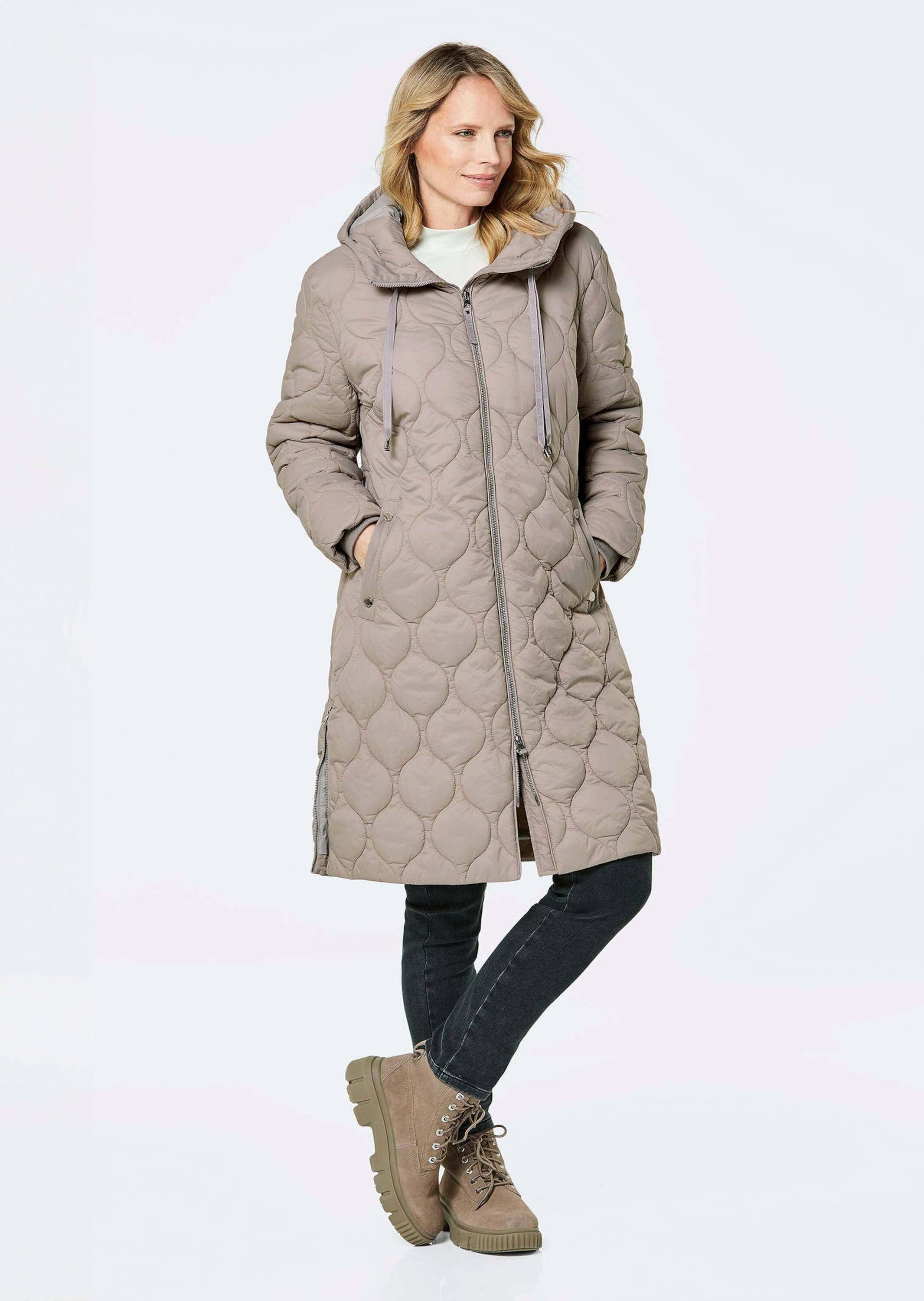 GOLDNER Jerseyblazer Wintermantel mit Stehkragen und Kapuze Wärmende Alltagsjacke mit 2-Wege-Zipper, Langarm mit Jerseybündchen