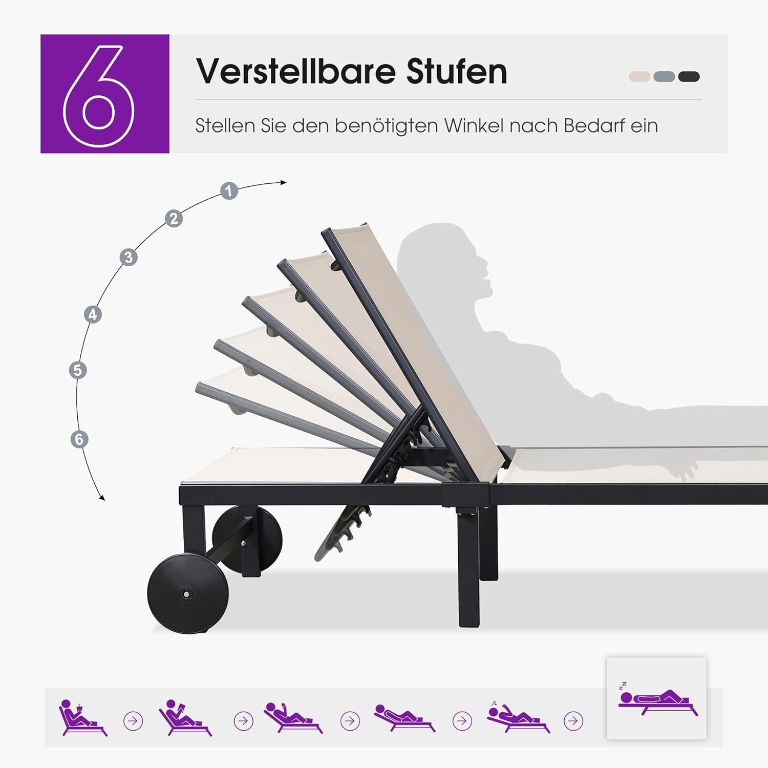 PURPLE LEAF Gartenliege 2-er-Set Sonnenliege mit Rollen und Beistelltisch, Rückenteil 5-Fach Verstellbar,Für draußen Pool Strand Sonnenbaden