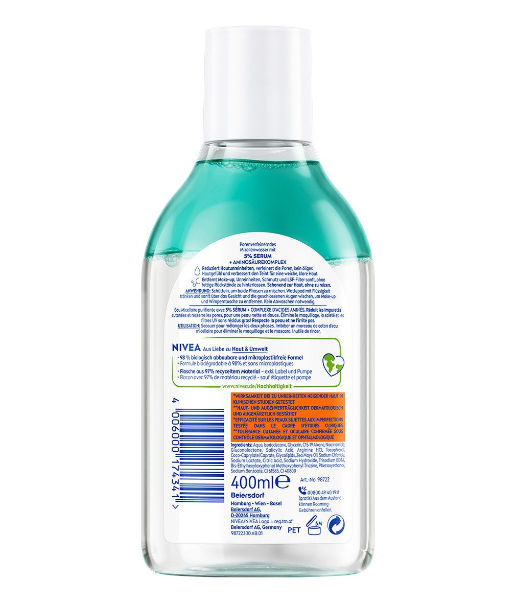 Nivea Gesichtswasser Mizellenwasser Derma Skin Clear 3 x 400ml, 3-tlg., beseitigt Pickel, Mitesser & fettige/ölige Haut