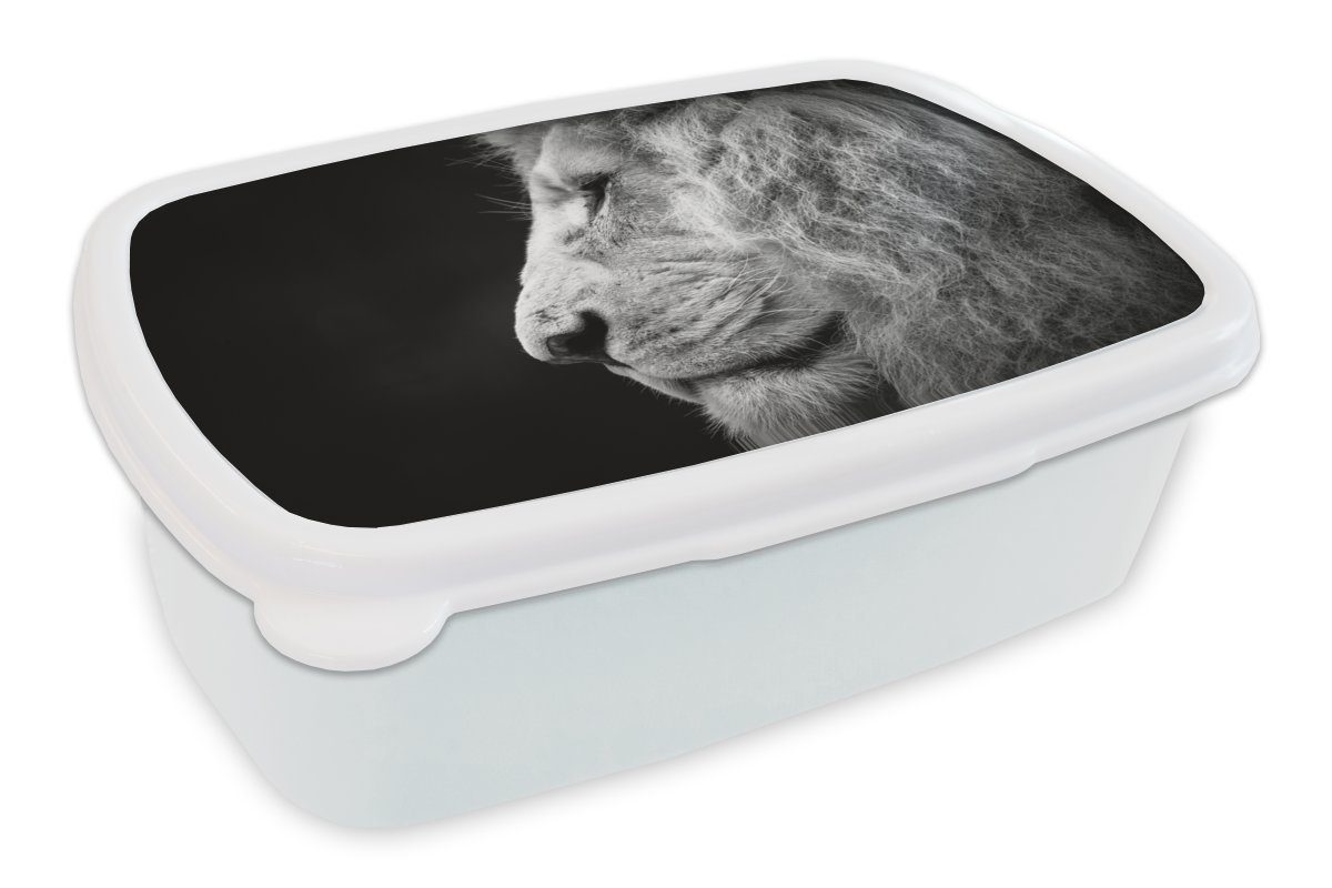 MuchoWow Lunchbox Mädchen für Kinder (2-tlg), und Brotbox Porträt, - Löwe für Jungs - und weiß Brotdose, Profil Kunststoff, Erwachsene