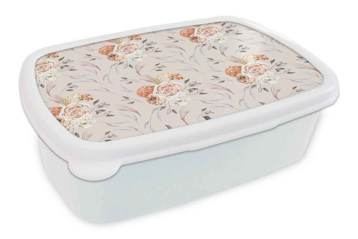 MuchoWow Lunchbox Rosen - Blätter - Muster, Kunststoff, (2-tlg), Brotbox für Kinder und Erwachsene, Brotdose, für Jungs und Mädchen weiß