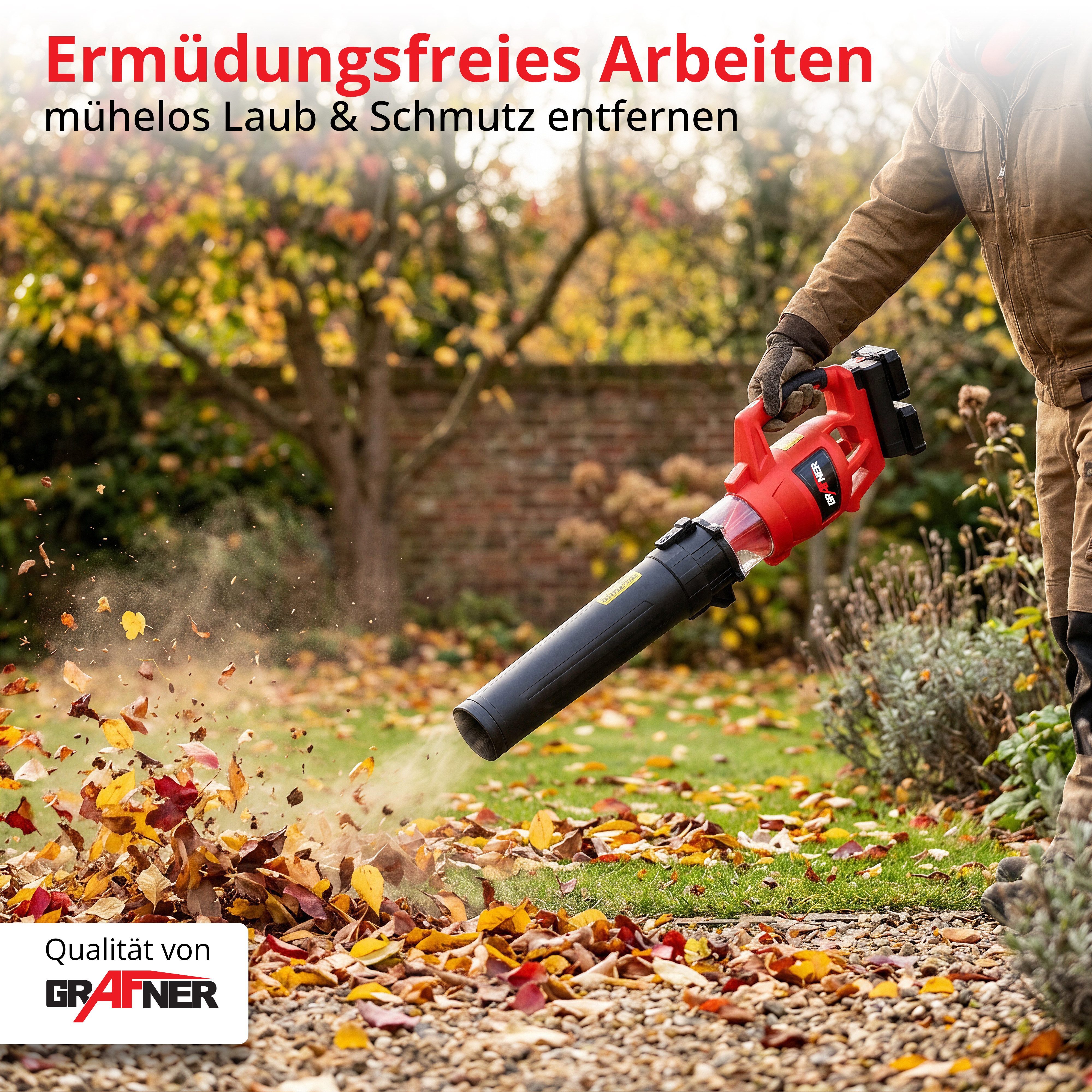 Grafner Akku-Laubbläser Laubbläser mit Akku inkl. Schnellladegerät 2 x Akku 20V, 144 km/h Blasgeschwindigkeit, 87 dB Schallleistungspegel