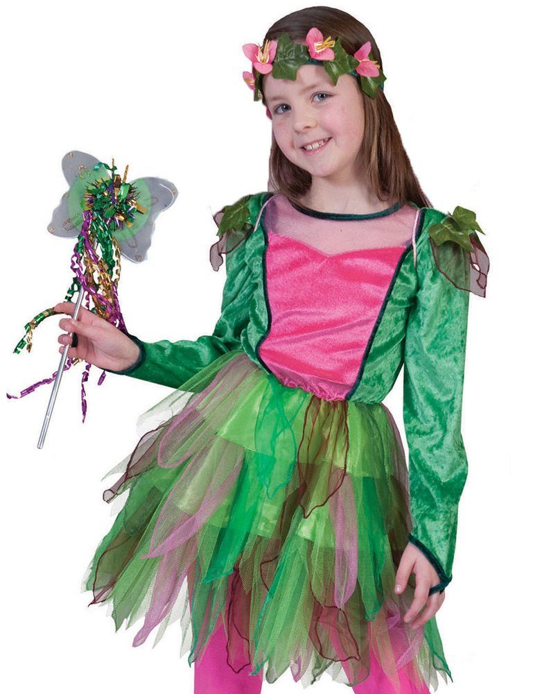 Funny Fashion Feen-Kostüm Waldfee "Nina" Kinderkostüm, Märchen Elfenkleid mit Blumenkranz - Grün Rosa
