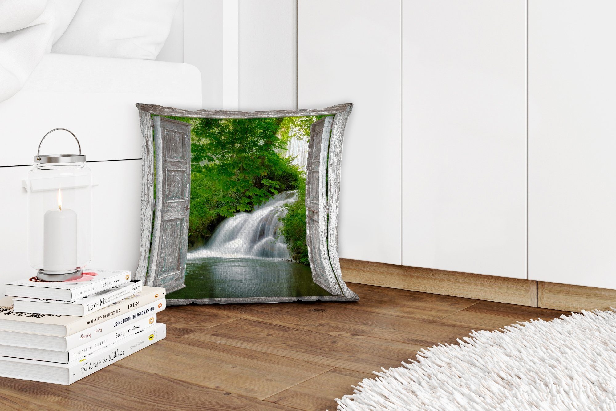 MuchoWow Dekokissen Wasserfall - Aussicht mit Deko, - Schlafzimmer, Landschaft, Füllung Wohzimmer, Zierkissen Sofakissen für