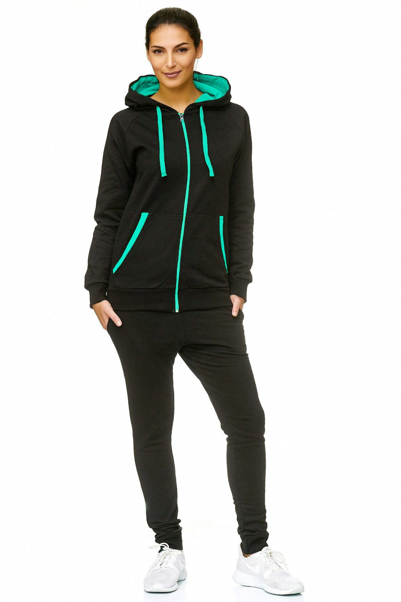L.gonline Freizeitanzug Damen Freizeitanzug Jogginganzug Sweatwear 704 (Kapuzenjacke mit Reißverschluss, Hose, 2-tlg), Fitness Freizeit Casual