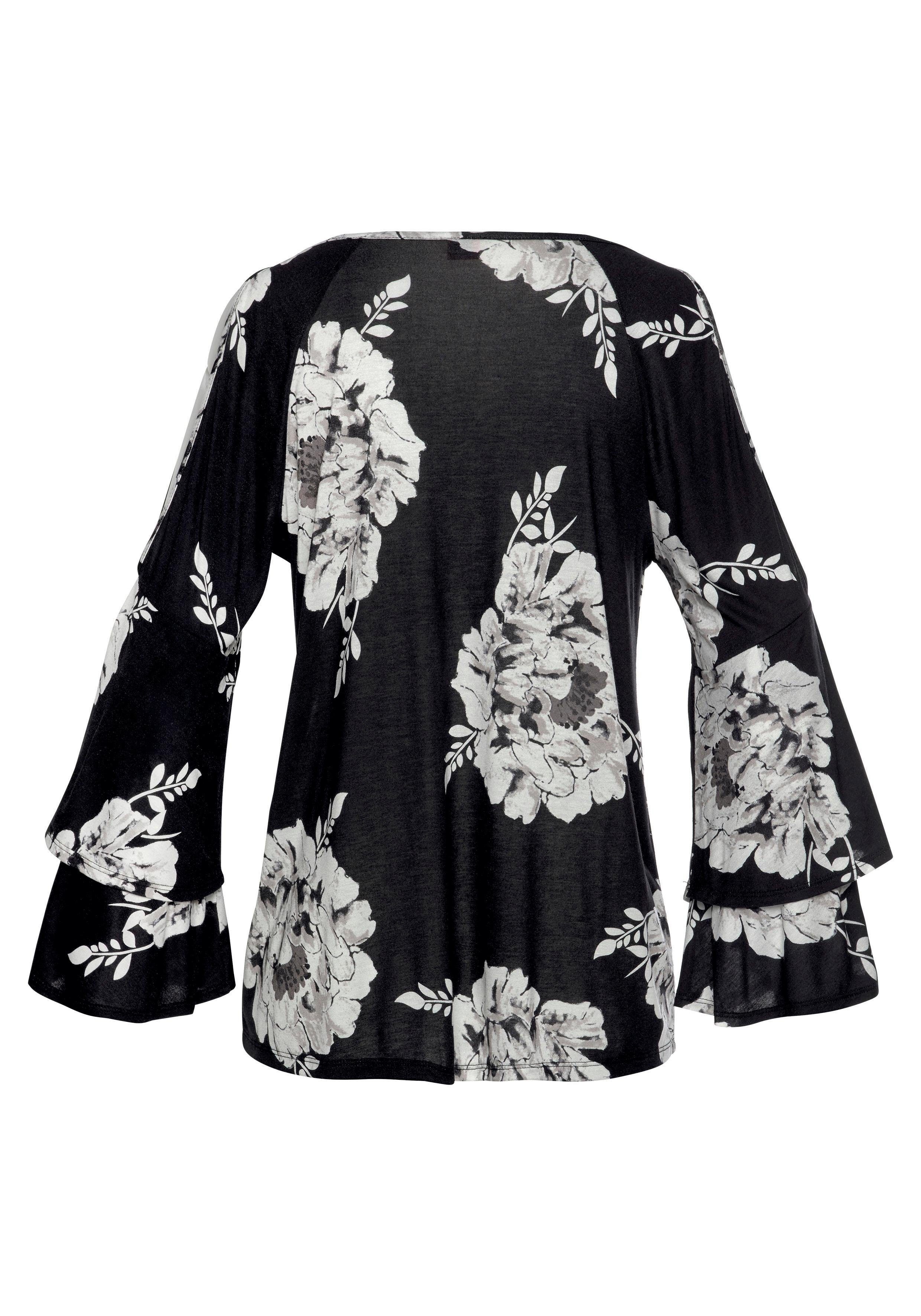 LASCANA 3/4-Arm-Shirt mit Trompetenärmeln und Cut-Outs, Blumenprint, Blusenshirt