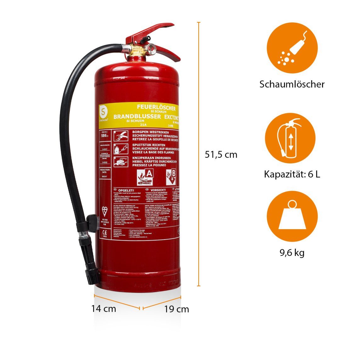 smartwares Schaum-Feuerlöscher Smartwares Schaumlöscher SB6, Feuerlöscher 6 Liter/ Brandklasse A, B m, 6 L Schaumlöscher Brandklasse AB - BSI, SB6