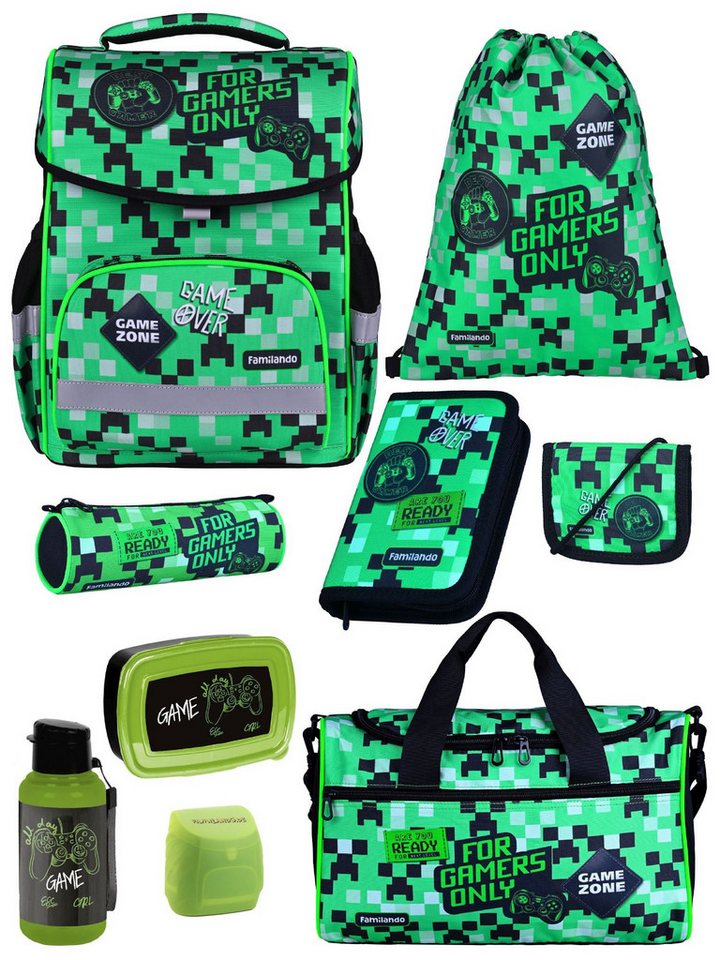 Familando Schulranzen Basic Plus 1.-4. Klasse ergonomisch, leicht, Volumen 15 Liter (Set, 9-tlg., inkl. Lunch-Set und Sporttasche), Gamer Pixel Playworld Motiv