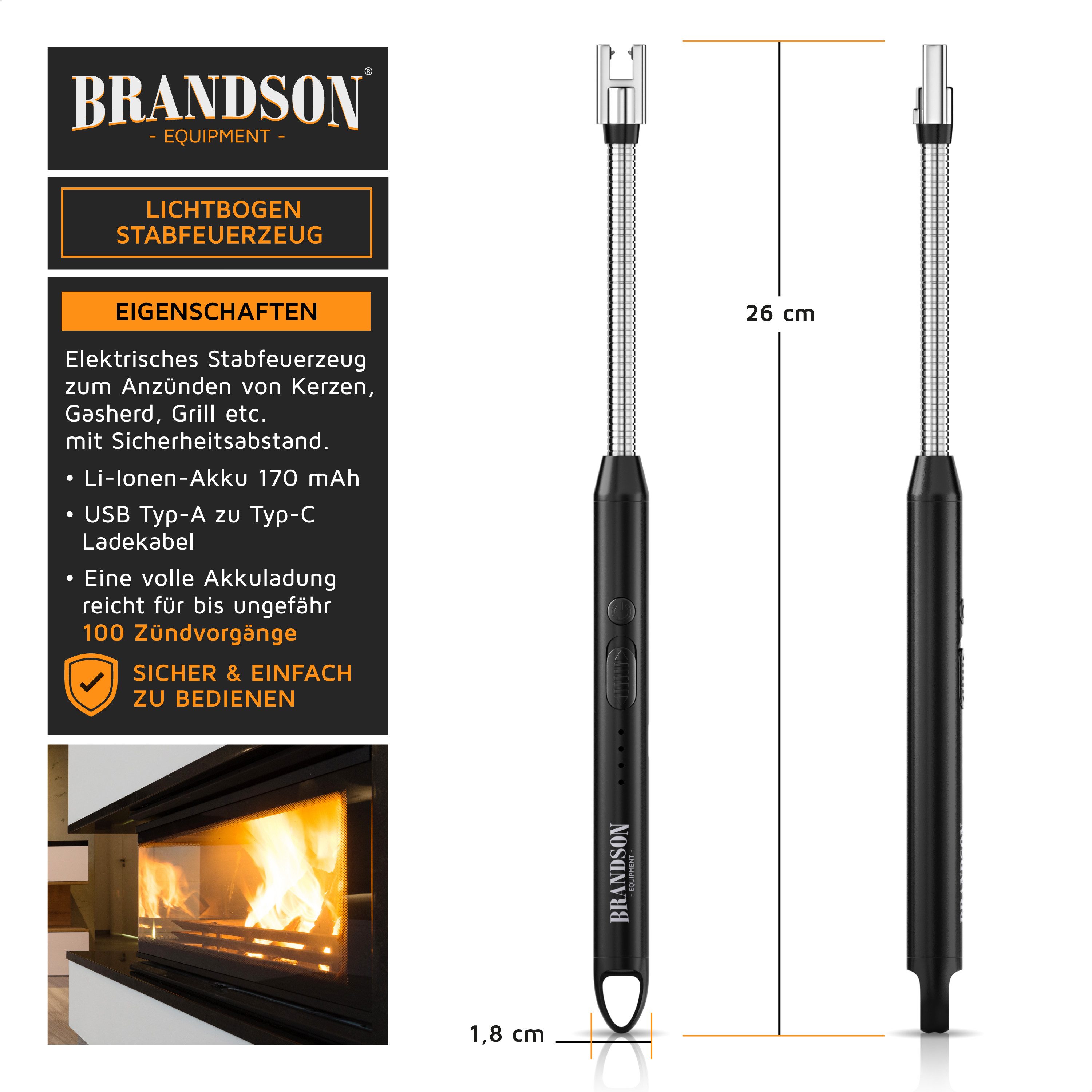 Brandson Feuerzeug elektrisch, Lichtbogen Stabfeuerzeug USB aufladbar, USB-C aufladbar, flexibler Hals für, Kerzen, Gasherde, Grill, Kamin