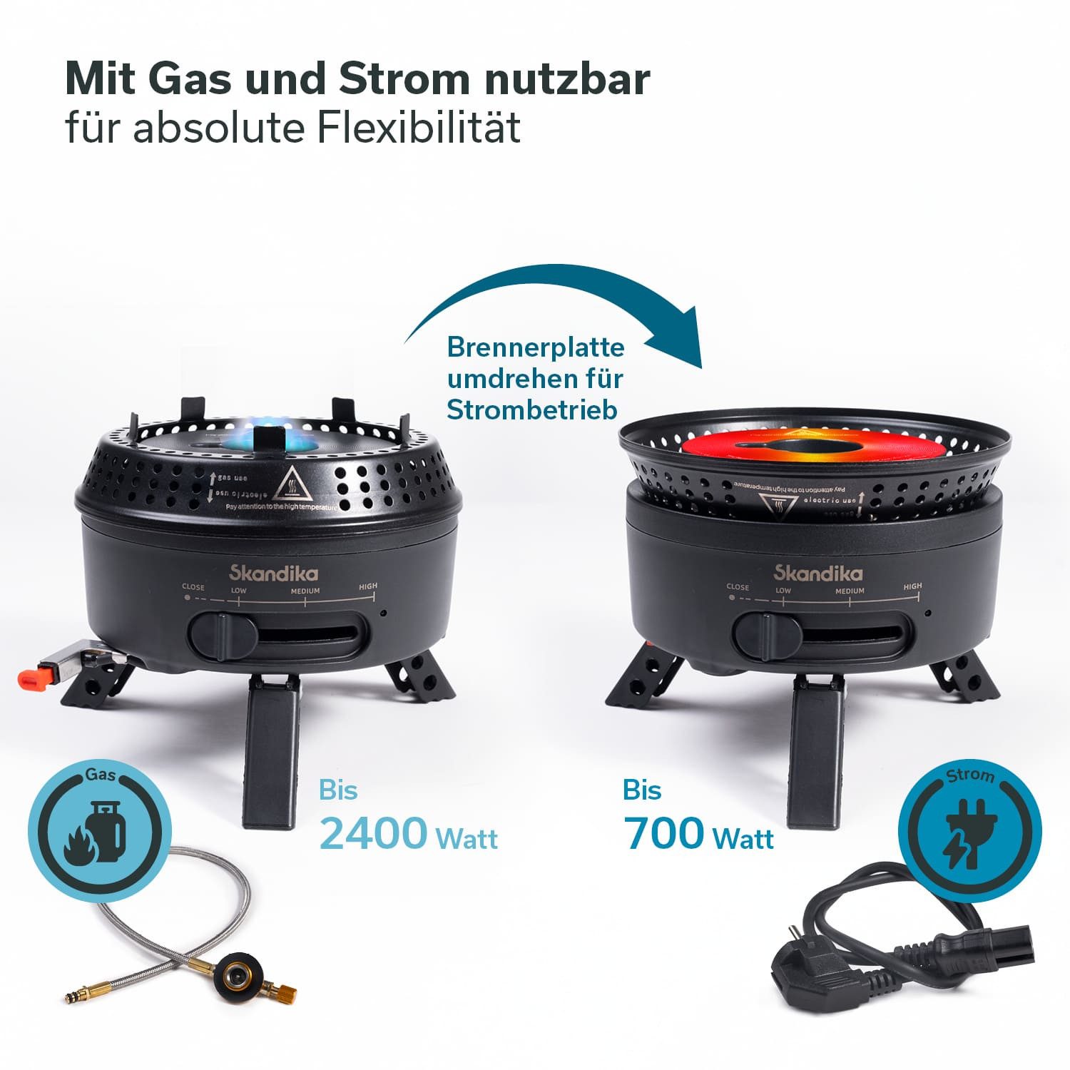 Skandika Gaskocher Campingkocher Hybrid Rask Set, mit Geschirr, Topf und Pfanne, (Alle Teile platzsparend ineinander stapelbar, Tragetasche), 2 in 1 Betrieb mit Strom oder Gas, Set mit Unterlage & Tasche
