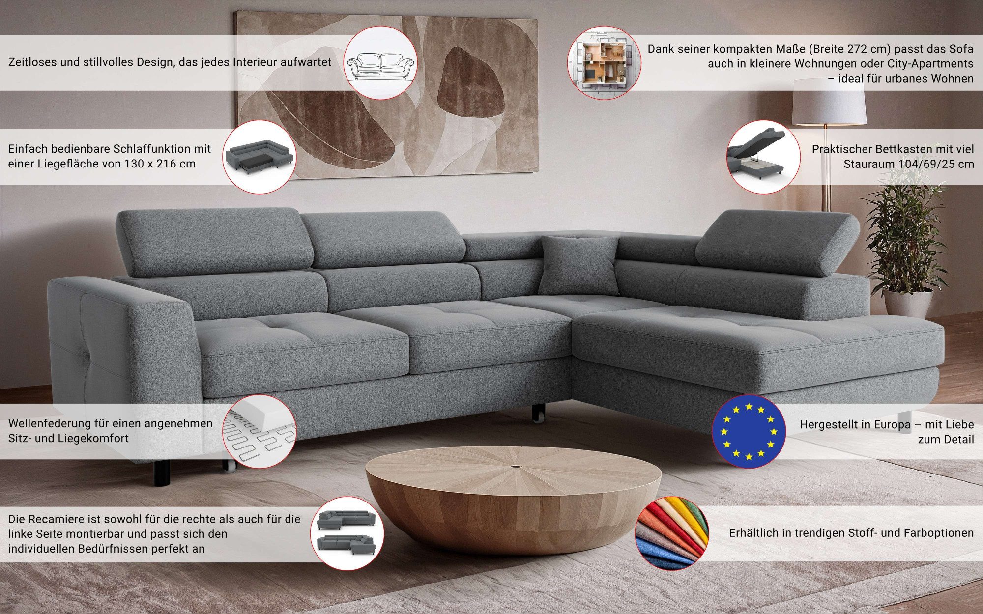 OTTO home Ecksofa AADEN Schlafsofa 254 cm - OTTO. Verlässliche Qualität., mit Bettfunktion, Bettkasten, Kopfstützen, rechts/links bestellbar