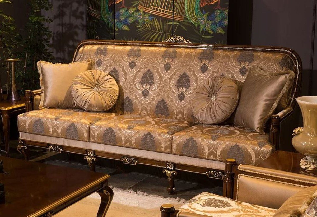 Casa Padrino Sofa Luxus Barock Sofa Grau / Braun / Gold 221 x 80 x H. 110 cm - Wohnzimmer Sofa mit elegantem Muster und dekorativen Kissen - Edle Wohnzimmer Möbel im Barockstil