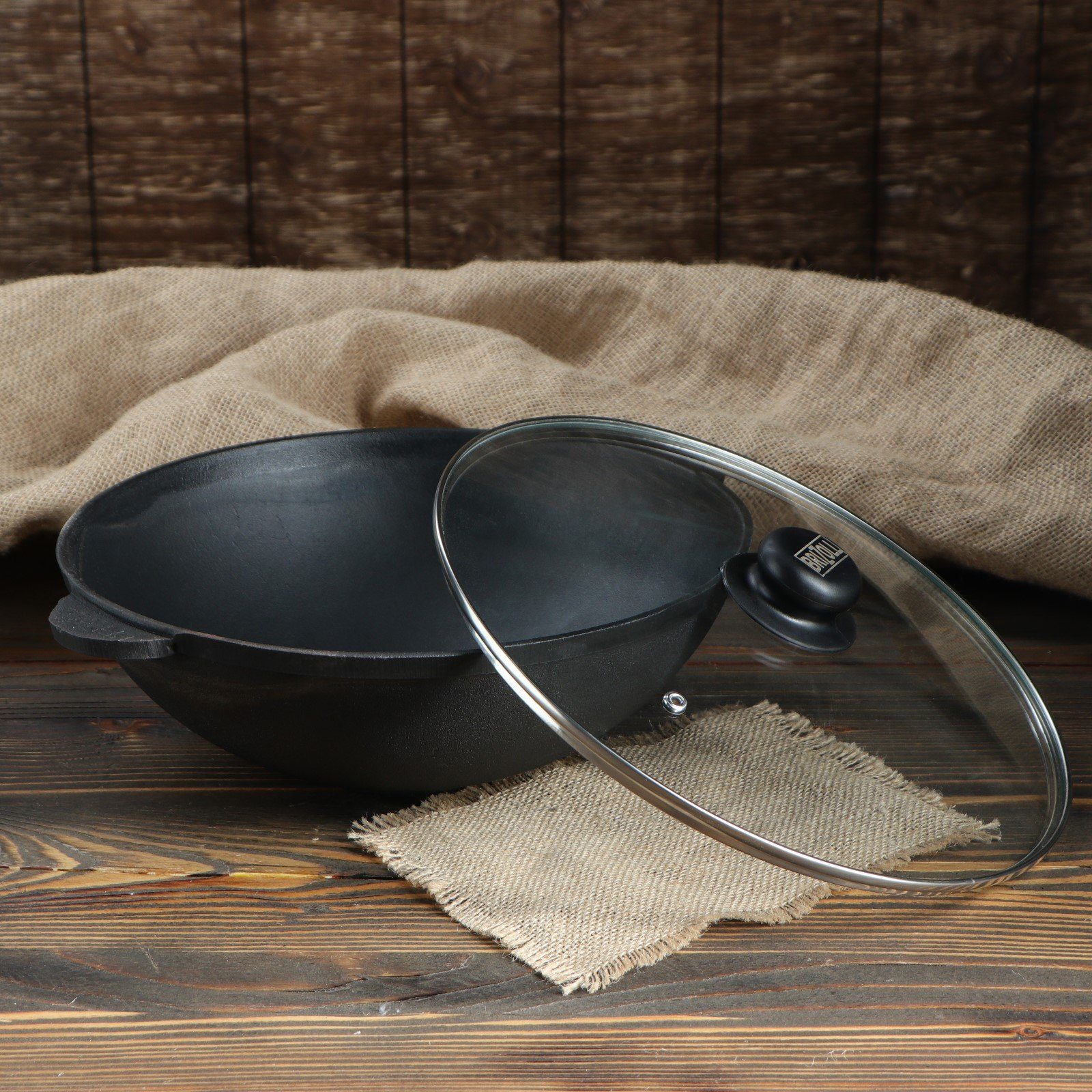 4BIG.fun Wok Wok Ø28 cm Wokpfanne 3,7 L Glasdeckel Asia Grill, Gusseisen (Pow-Wok + Glasdeckel + Kochlöffel)