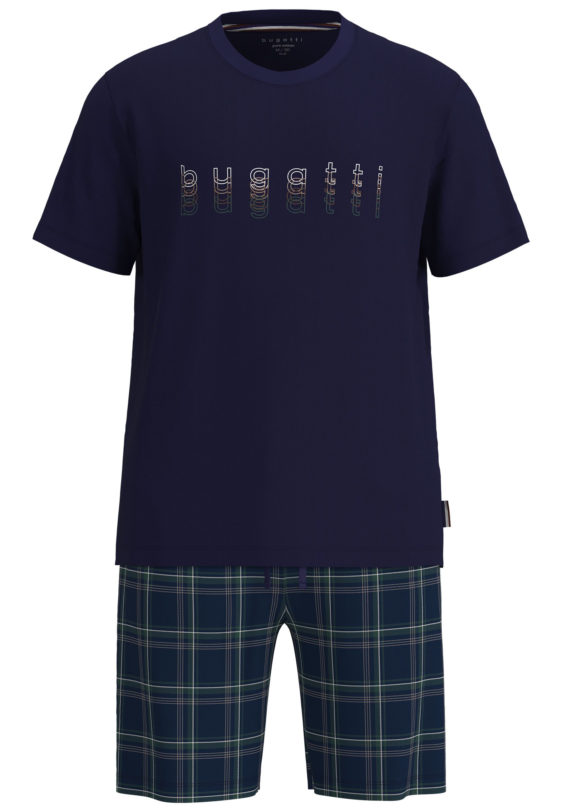 bugatti Shorty Kurzarm, Rundhalsausschnitt, kurze Hose, kariert, mit Logo, Baumwolle