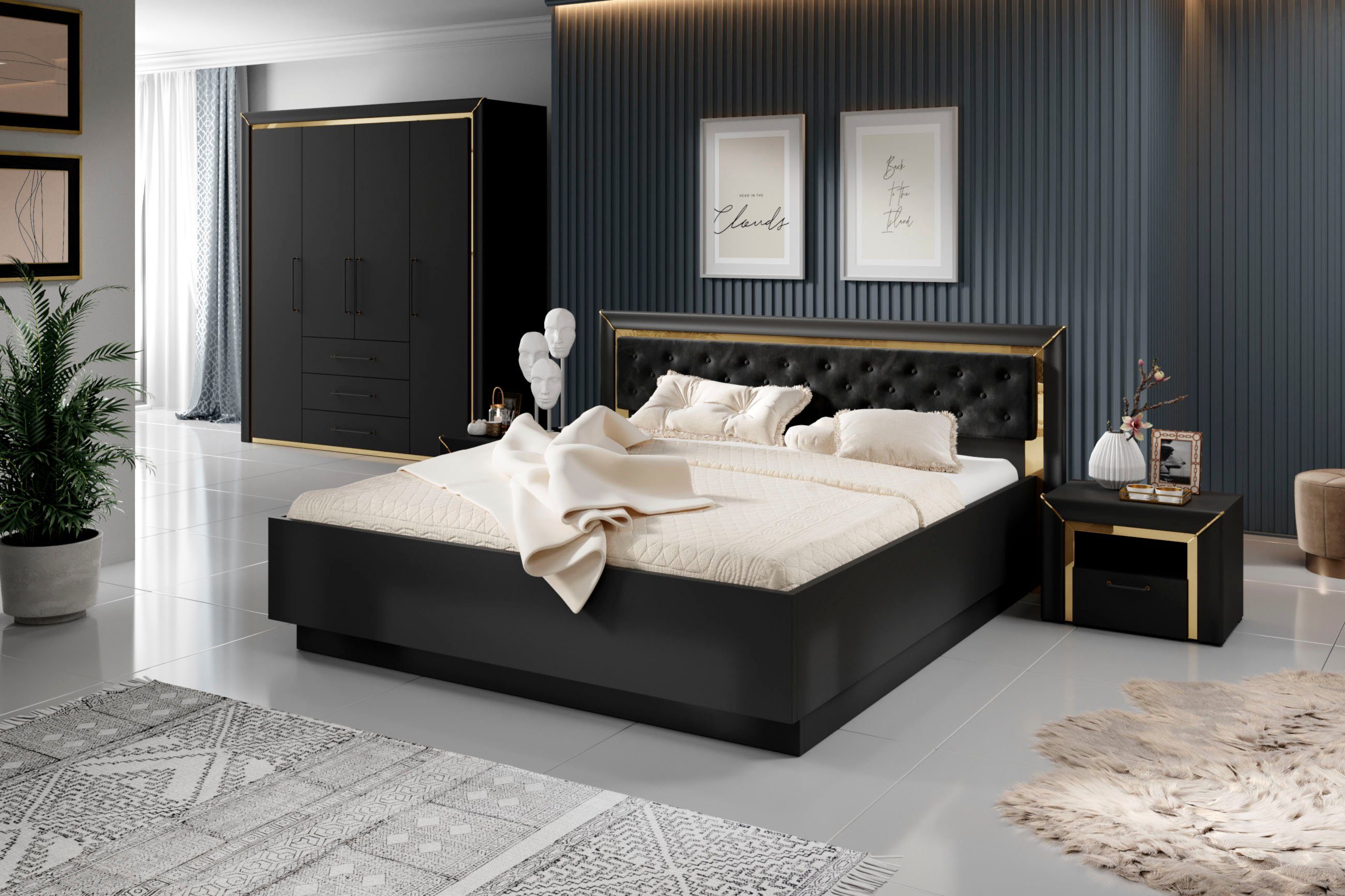mit Leonique matt silber-oder goldfarbener Spiegelfolie schwarz (4-St), Schlafzimmer-Set Arno,