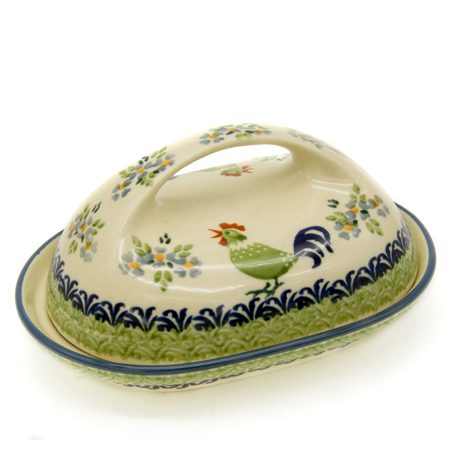 Bunzlauer Keramik Manufaktura Butterdose oval mit großem Griff, Unterteil und Deckel oval geformt, großer Griff.