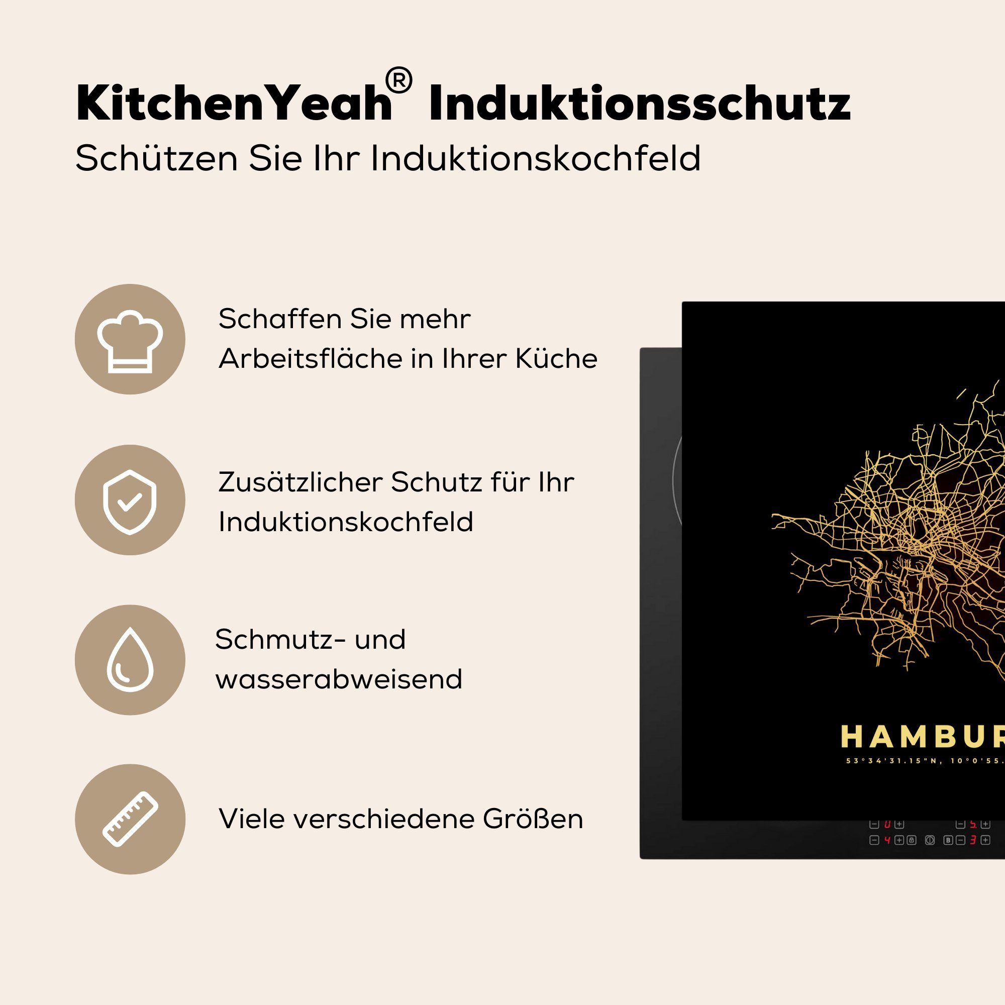 - - - cm, Gold Hamburg (1 küche für Stadtplan, Herdblende-/Abdeckplatte tlg), Karte 78x78 MuchoWow Ceranfeldabdeckung, Vinyl, Arbeitsplatte