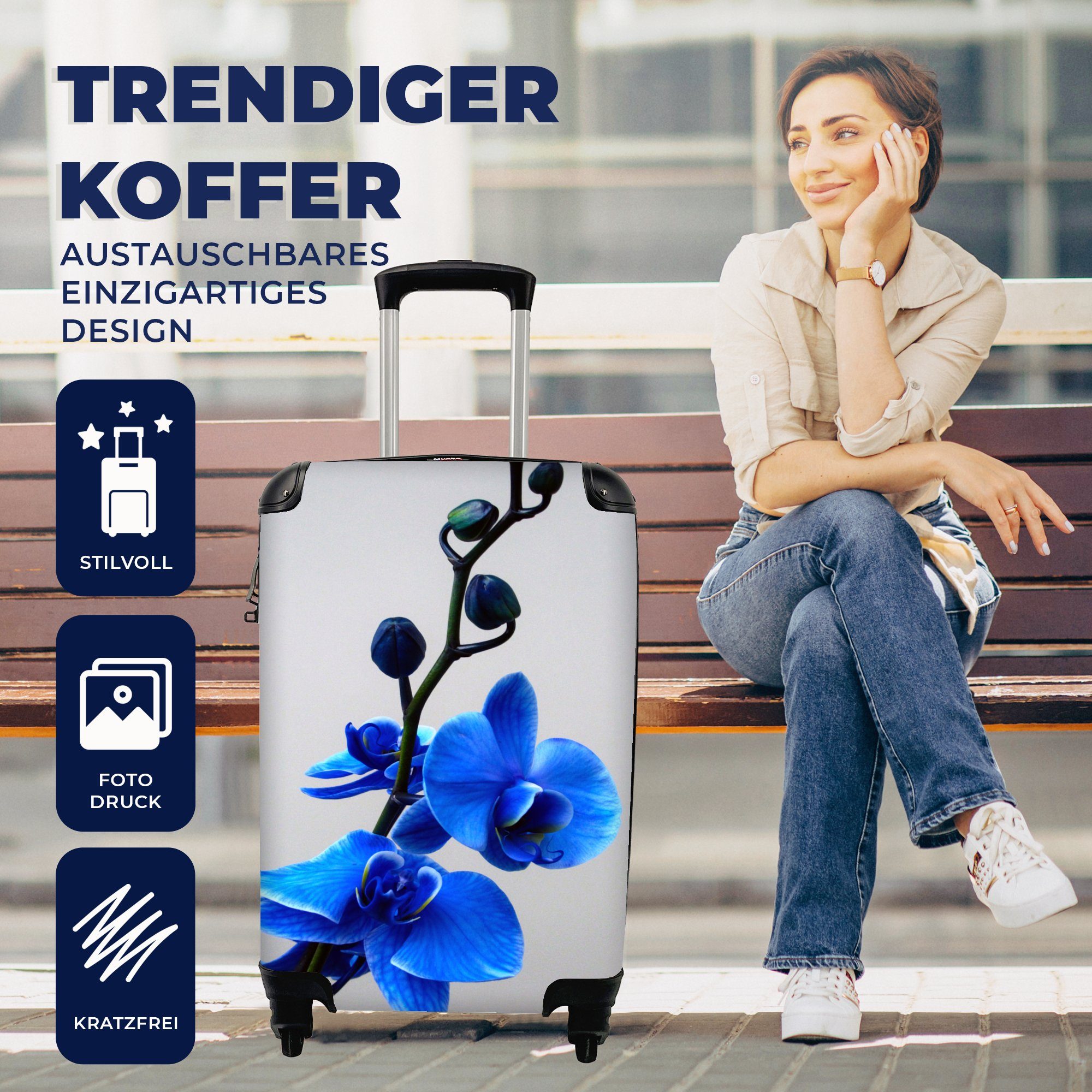 MuchoWow Handgepäckkoffer Blaue Orchidee, Reisekoffer Handgepäck mit Rollen, Trolley, für Reisetasche rollen, 4 Ferien