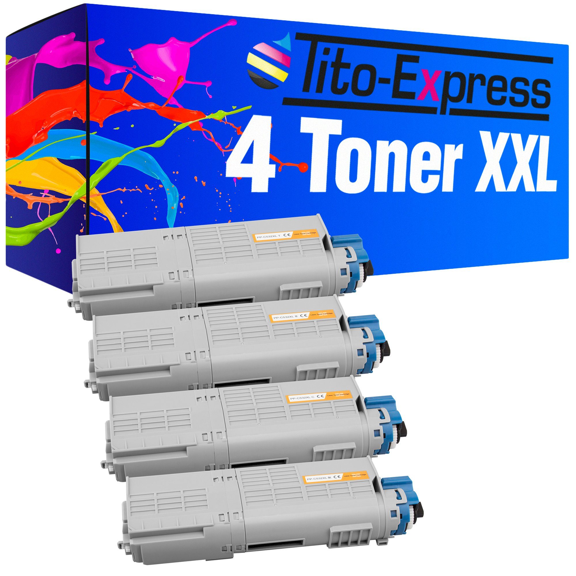 Tito-Express Tonerpatrone 4er Set ersetzt Oki C532 Oki C 532 OkiC532, (Multipack, 1x Black, 1x Cyan, 1x Magenta, 1x Yellow), für C532 C532DN C542 C542DN MC563 MC563DN MC573 MC573DN C 532