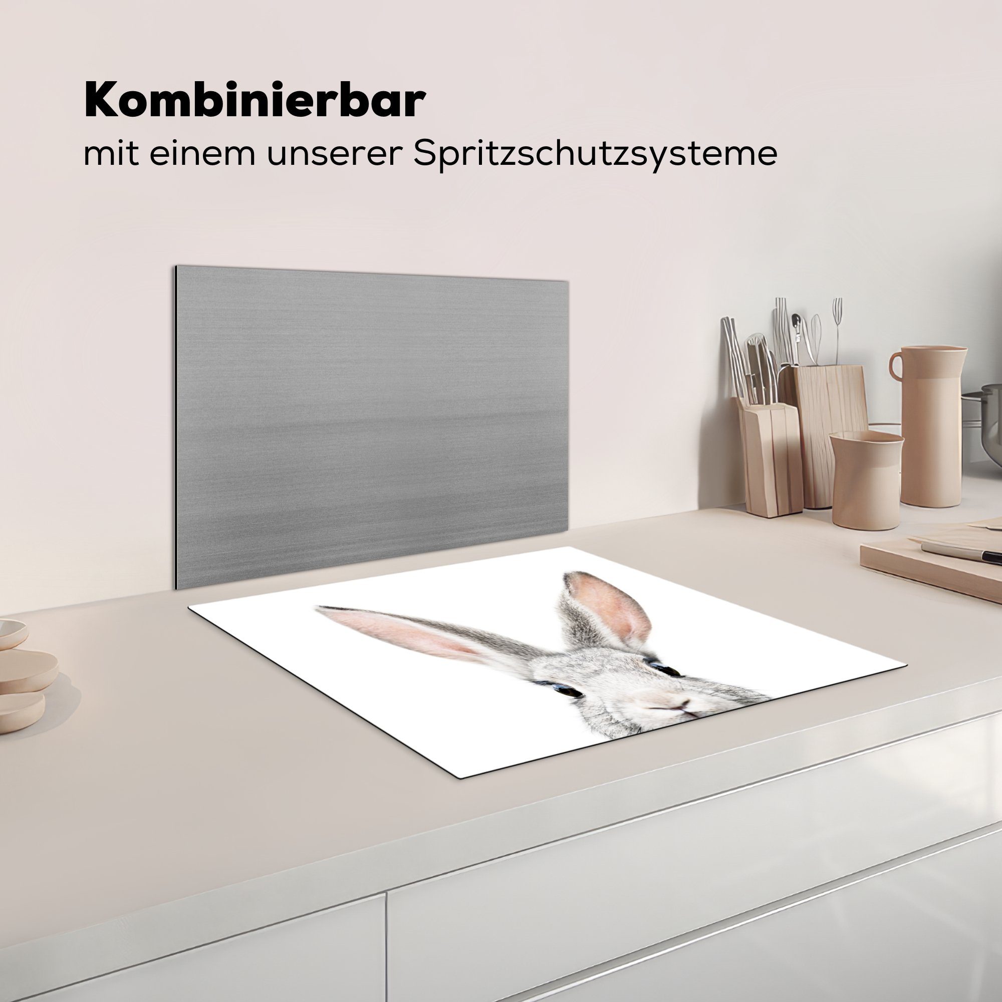 Vinyl, Tiere Weiß, Arbeitsfläche nutzbar, Kaninchen cm, Mobile Ceranfeldabdeckung Natur - - MuchoWow - tlg), (1 60x52 Herdblende-/Abdeckplatte