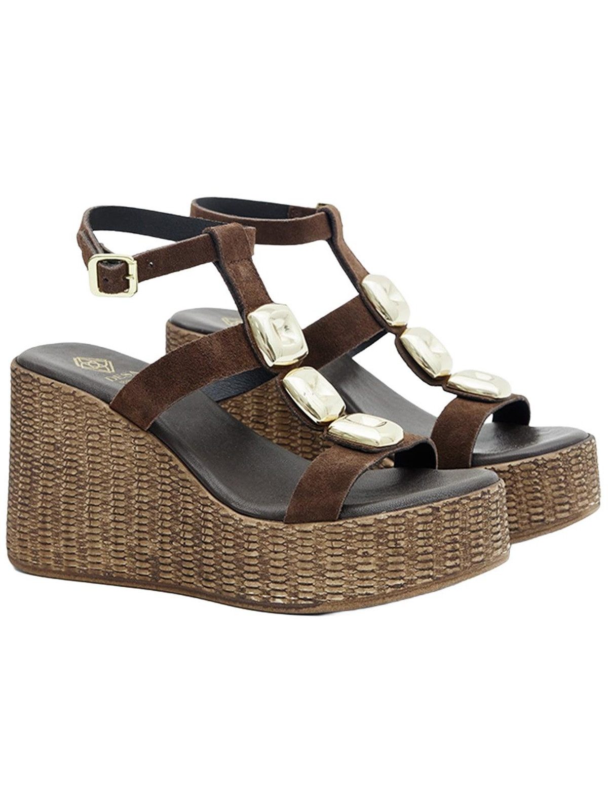Desa DESA Damen-Wildledersandalen mit Keilabsatz und goldenen Details Sandale