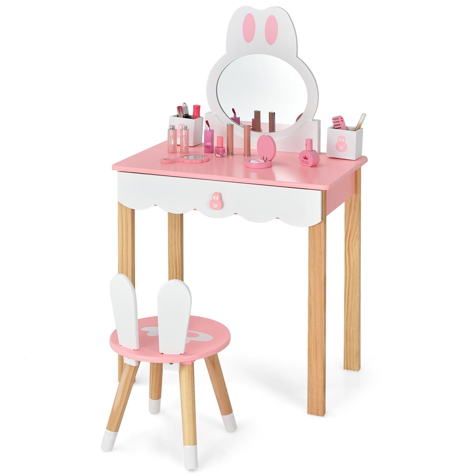 COSTWAY Schminktisch, Kinder, mit Spiegel, Schublade&Aufbewahrungsbox Hocker, Rosa