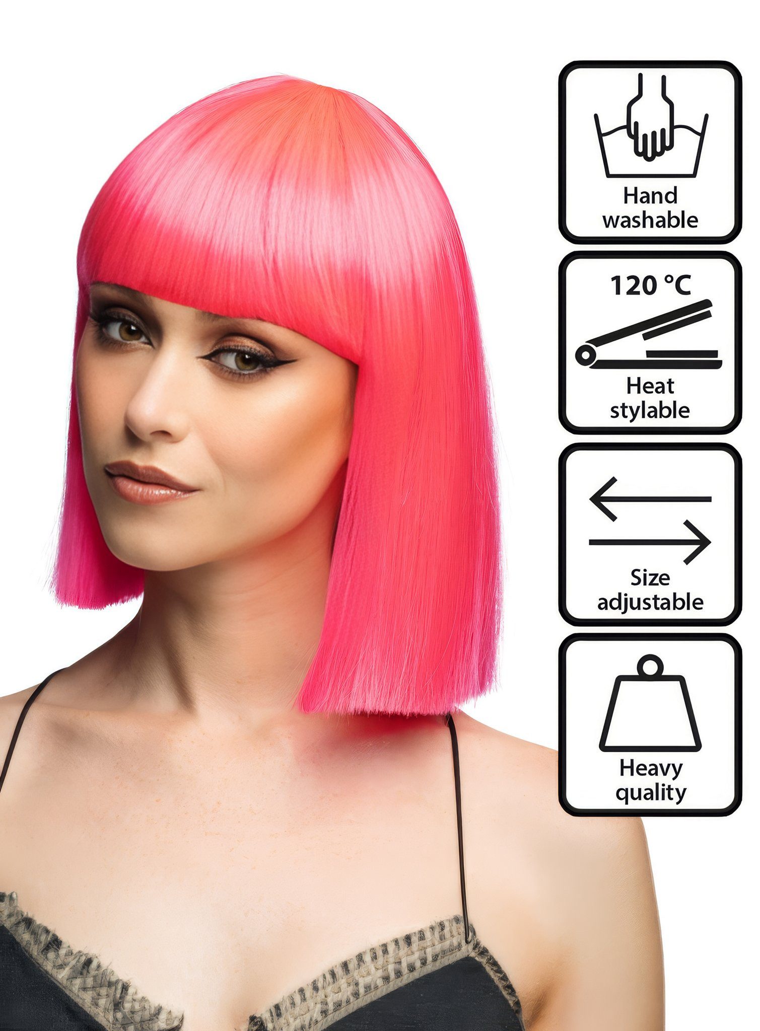 Boland Kostüm-Perücke Blunt Bob mit Pony Perücke grell-pink, Hochwertige Perücke mit glatter Kurzhaarfrisur