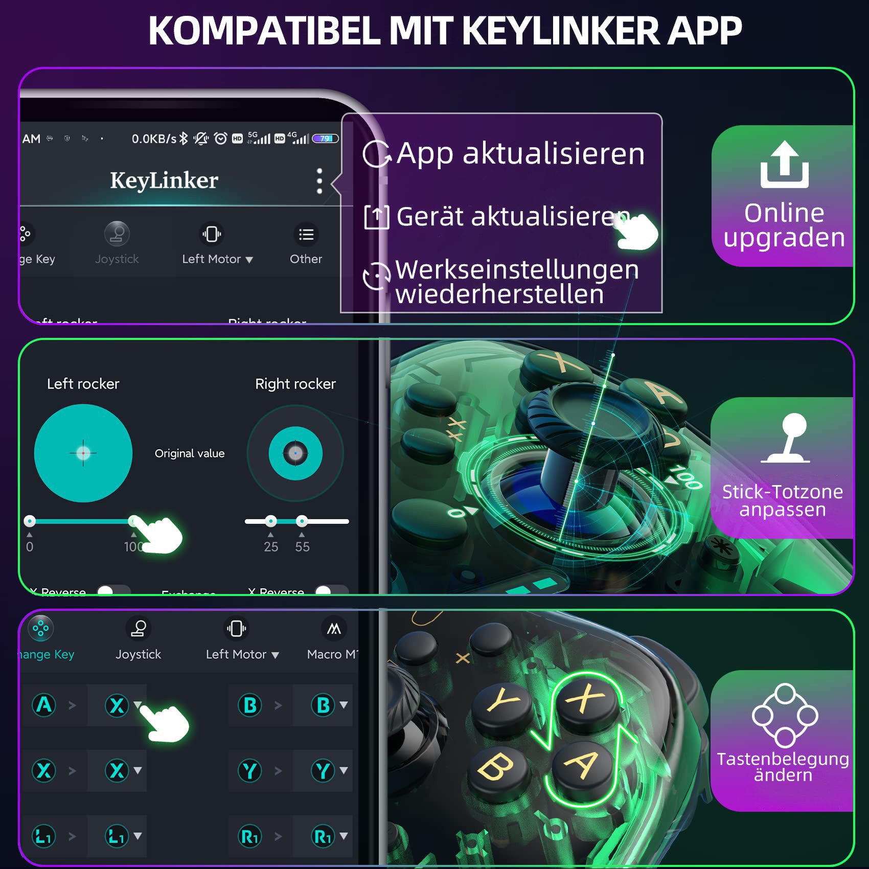 Tekoo Wireless Controller für Switch & PC, Transparentes RGB Gamepad, App Gaming-Controller (Packung, Transparentes RGB-Design, App-Steuerung, Turbo-Funktion)