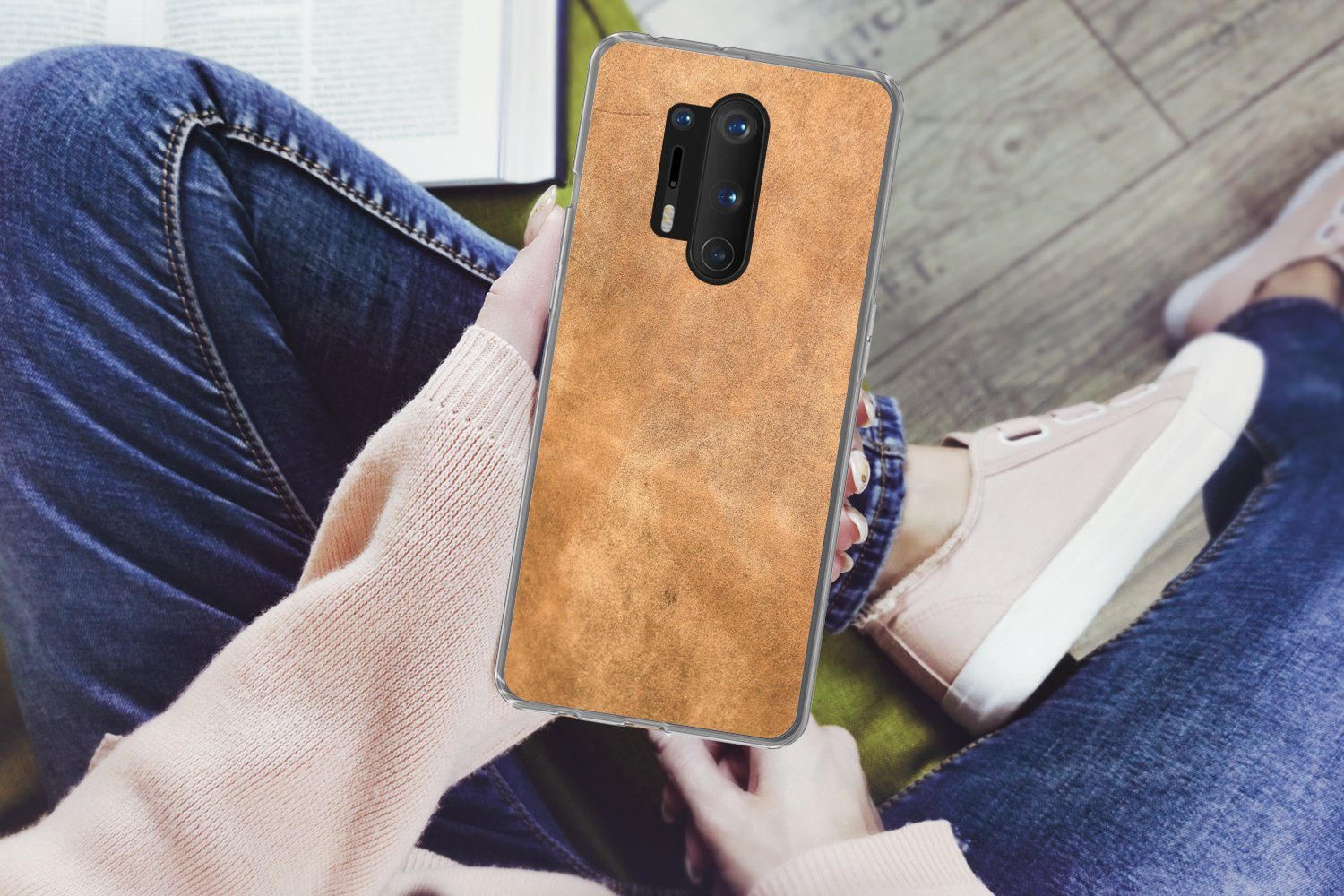 MuchoWow Handyhülle für OnePlus 8 Pro Leder - Strukturiert - Lederoptik - Braun, Phone Case, Silikon, Schutzhülle Dünn