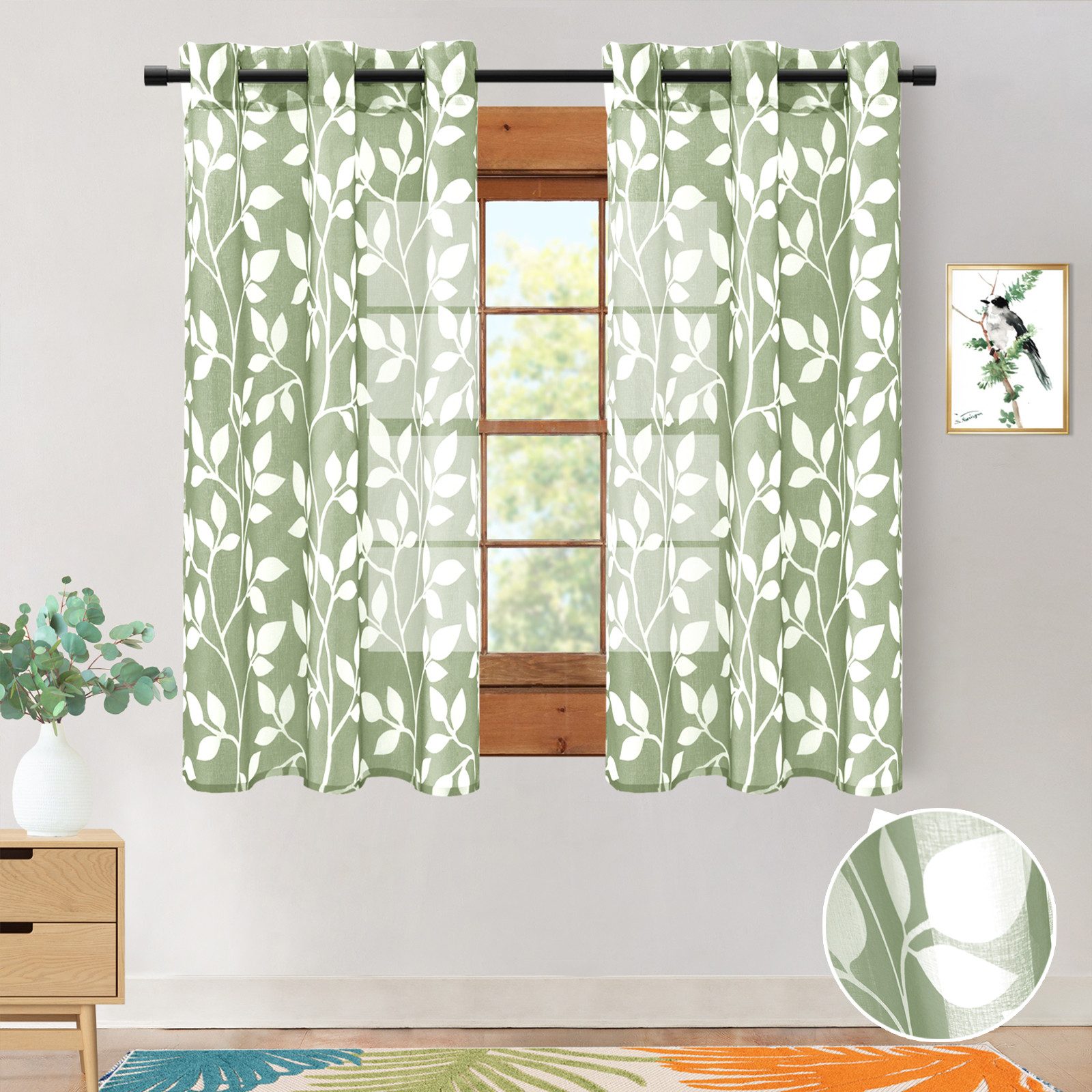 Lapalife Gardine Gardinen Voile mit Muster Blätterdrucken 2er Set, Vorhänge mit Ösen, Mit hochwertigen silbernen Ösen, für Zuhause Schlafzimmer