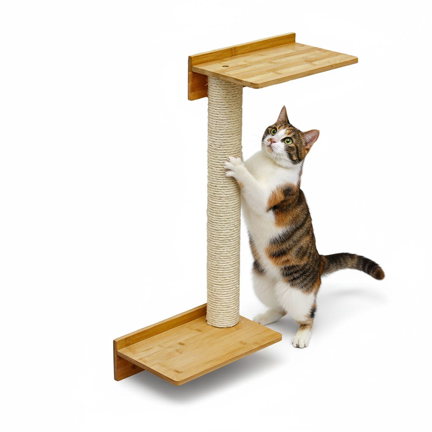 eyepower Kratzbaum zur Wandmontage - 71 cm Wandkratzbaum für Katzen mit 2 Bambus Plateau, Sisalstamm Wand - Katzenkratzbaum platzsparend - Kletterwand Katze