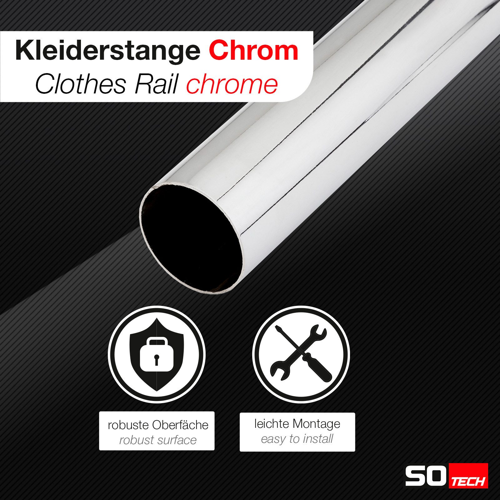 SO-TECH® Garderobenstange Kleiderstange Schrankstange Chrom poliert, (1 St), rund Ø 25 mm Länge 600 mm