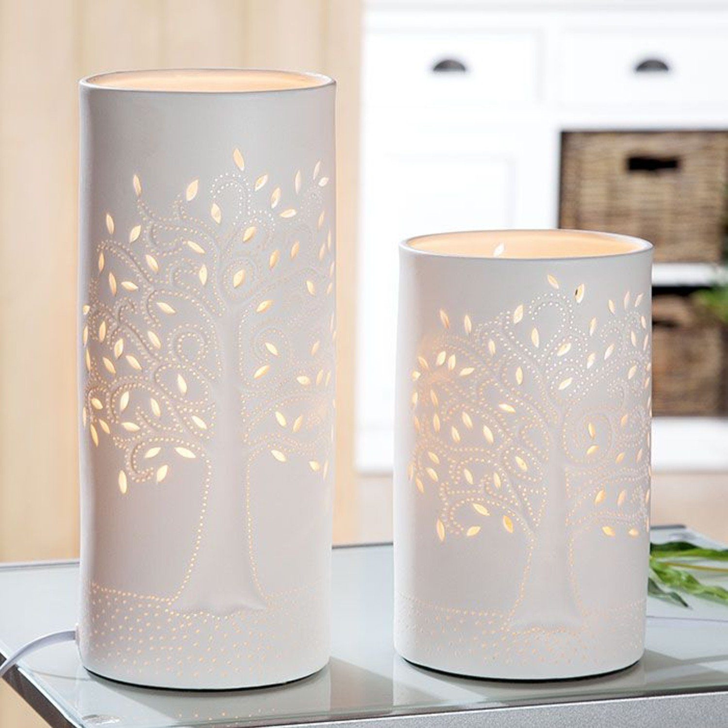 GILDE Tischleuchte Porzellan Lampe Zyl. Lebensbaum weiß 20cm 34919 günstig online kaufen