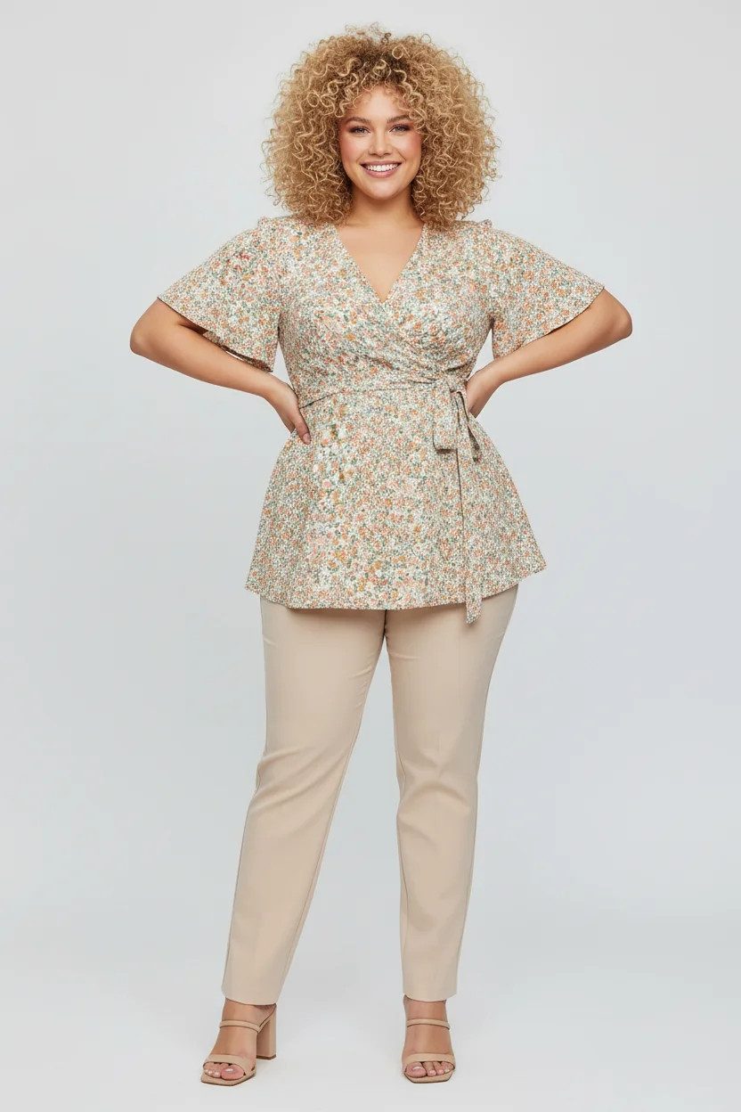 Blusentop Bluse mit Wickelkragen und Blumenmuster