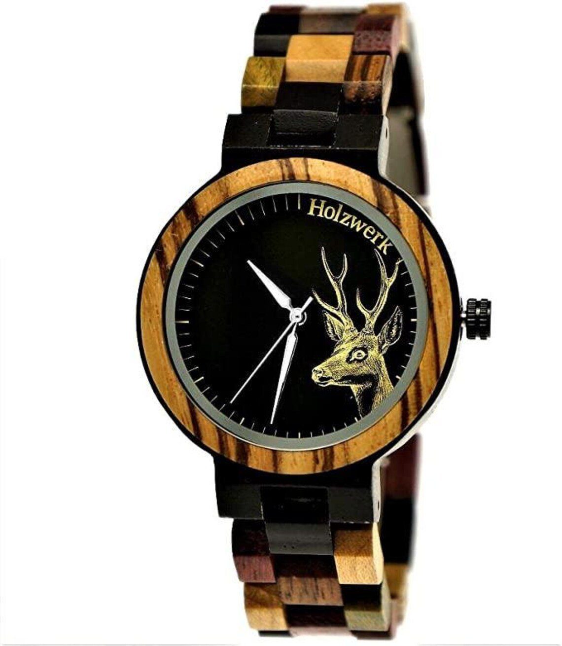 Holzwerk Quarzuhr BERGISCH kleine Damen Holz Armband Uhr, Hirsch Motiv, schwarz, braun