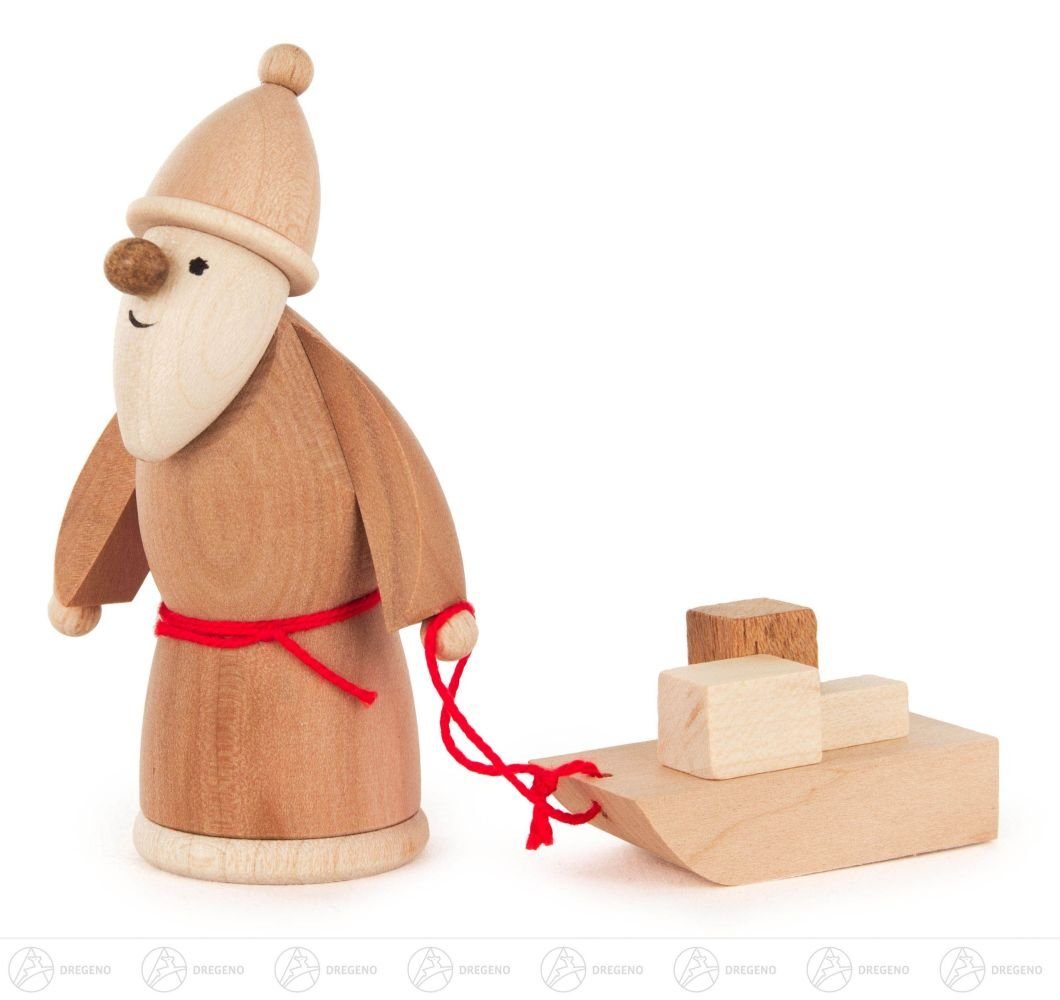 Dregeno Erzgebirge Weihnachtsfigur Miniatur Ruprecht groß mit Schlitten Höhe = 8cm NEU, mit Schlitten und Geschenke