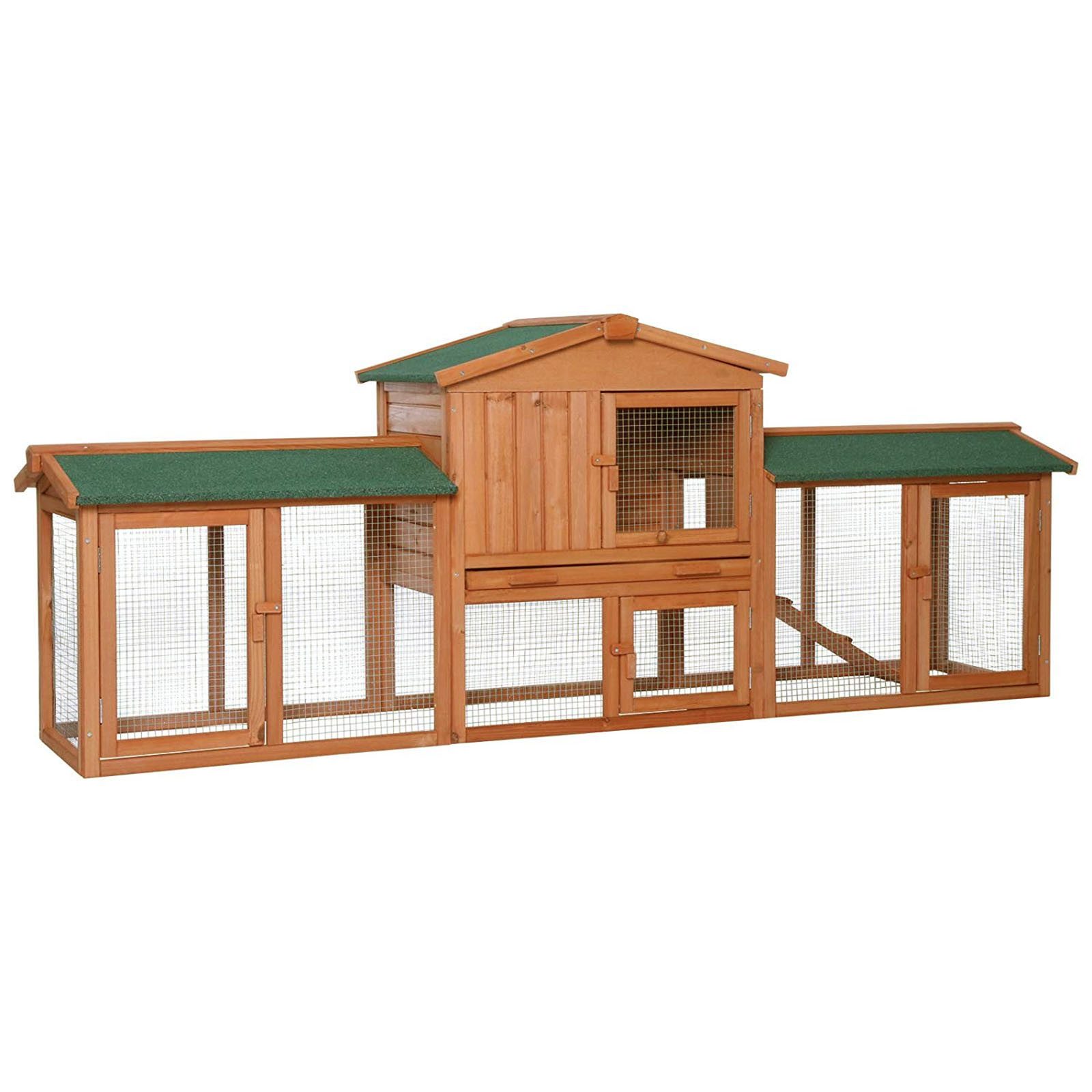 lionto Kleintierstall, großer Doppelstock-Kaninchenstall aus Holz 212x52x85 cm, mit Rampe, Schublade & Bitumendach, wetterfest & sicher
