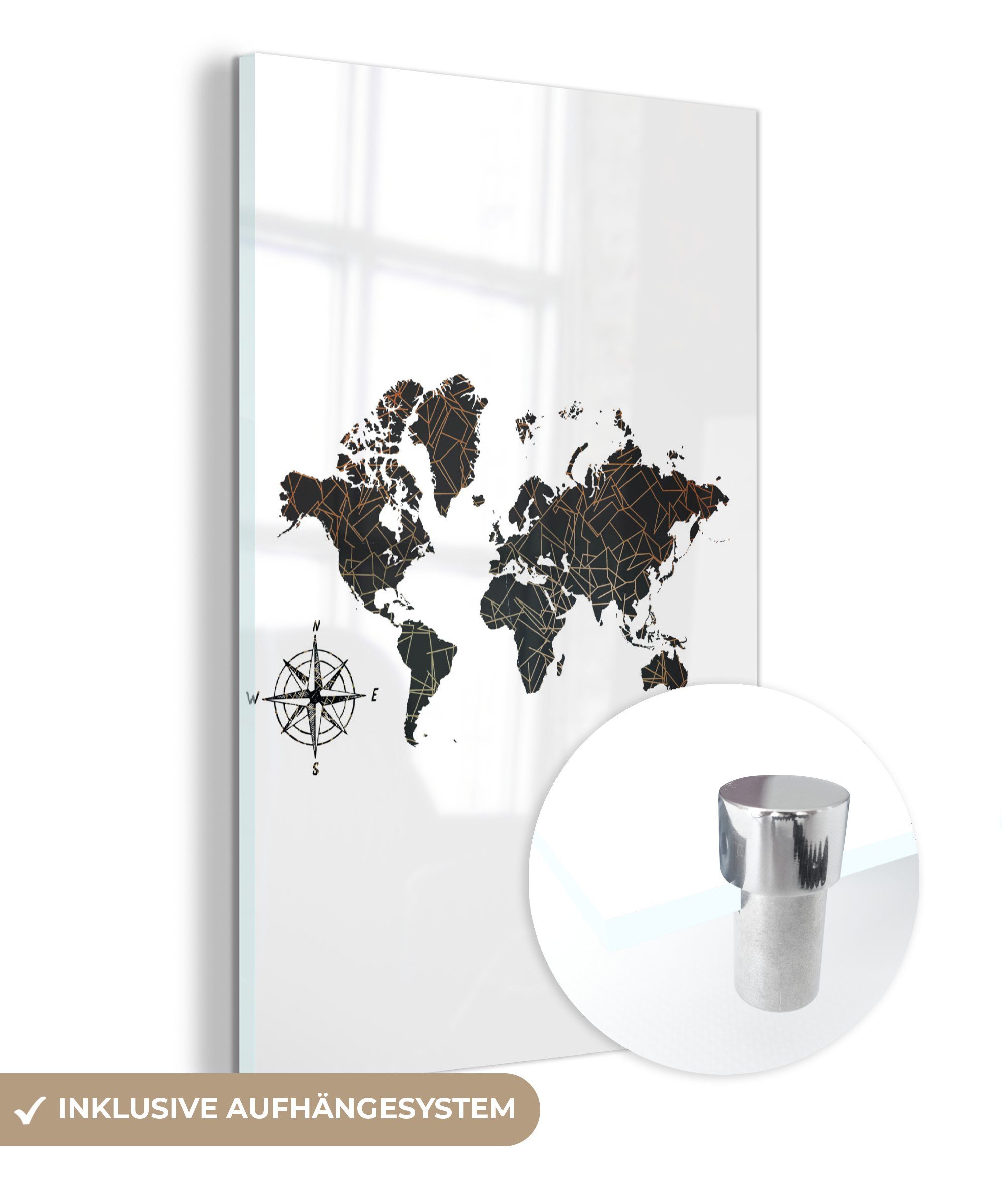 MuchoWow Acrylglasbild Weltkarte - Bronze auf Foto - Wandbild Kompass, Bilder St), - Glas Glas Wanddekoration Glasbilder - auf (1 