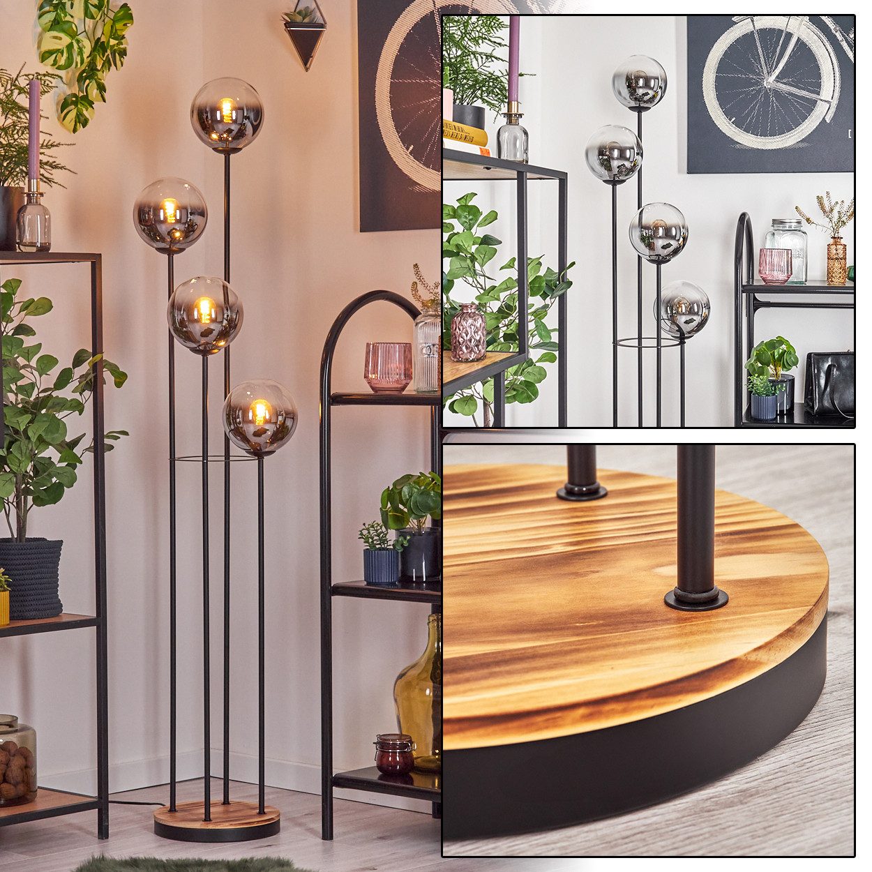Stehlampe Stehlampe aus Metall/Holz/Glas in Schwarz/Natur/Chrom/Rauch/Klar