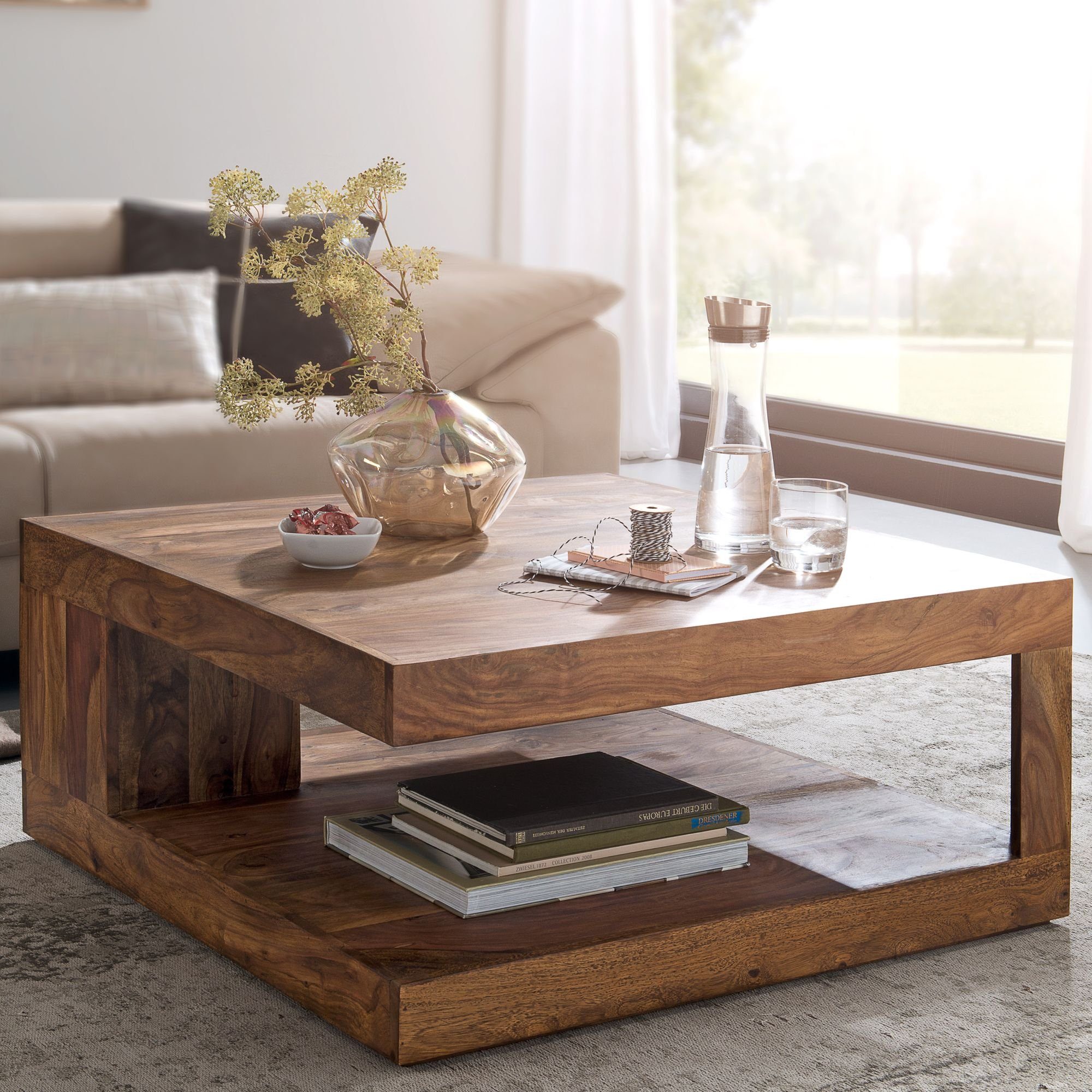 90 Couchtisch Wohnzimmer-Tisch Design Couchtisch Sheesham dunkel-braun möbelando Massiv-Holz Beistelltisch breit breit Landhaus-Stil Design, cm Massiv-Holz 90 Couchtisch cm Sheesham