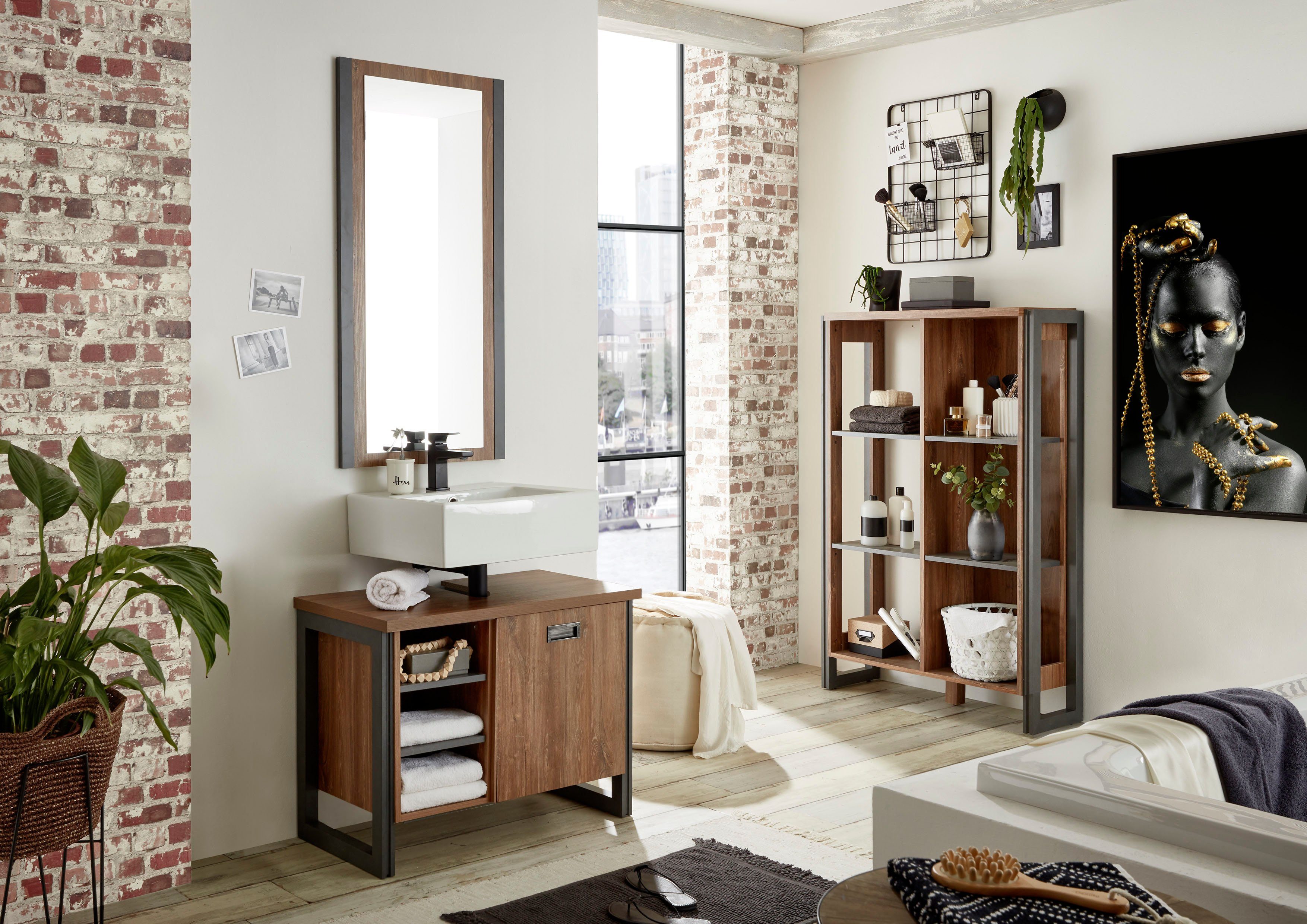 Home affaire Badmöbel-Set Detroit, Bad im Industrialdesign, 3-teiliges Badezimmer, (Set, 3-St), Unterschrank, Regal & Spiegel, holzfarben, offene Fächer & Stauraum