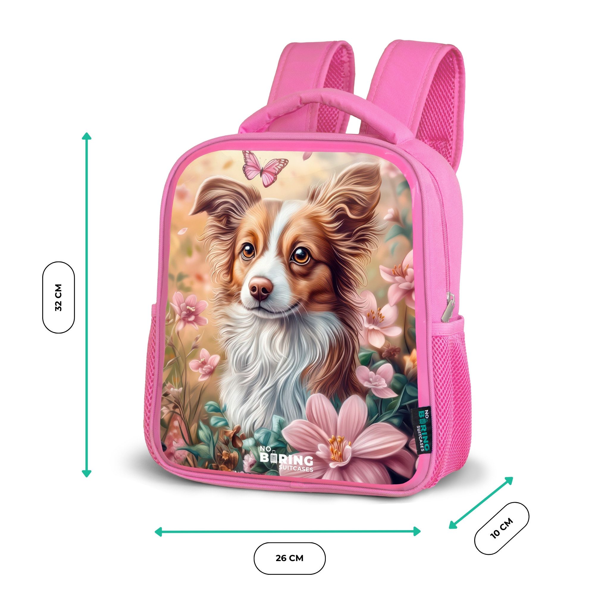 NoBoringSuitcases.com© Rucksack Rosa - Hund im Blumenfeld mit Schmetterlingen, Kinderrucksack, Schulrucksack, Freizeitrucksack, Mädchen, Kindergarten