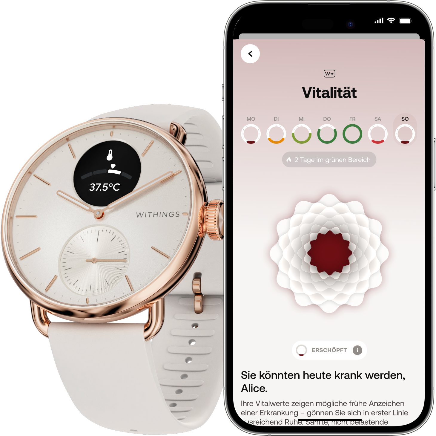 Withings ScanWatch 2 38mm, hybrid, Akku bis 35 Tage, 50 M Wasserdicht Smartwatch (HealthSense OS), Aktivitätstracking, Schlafüberwachung, Herzgesundheit, Temperatur uvm.