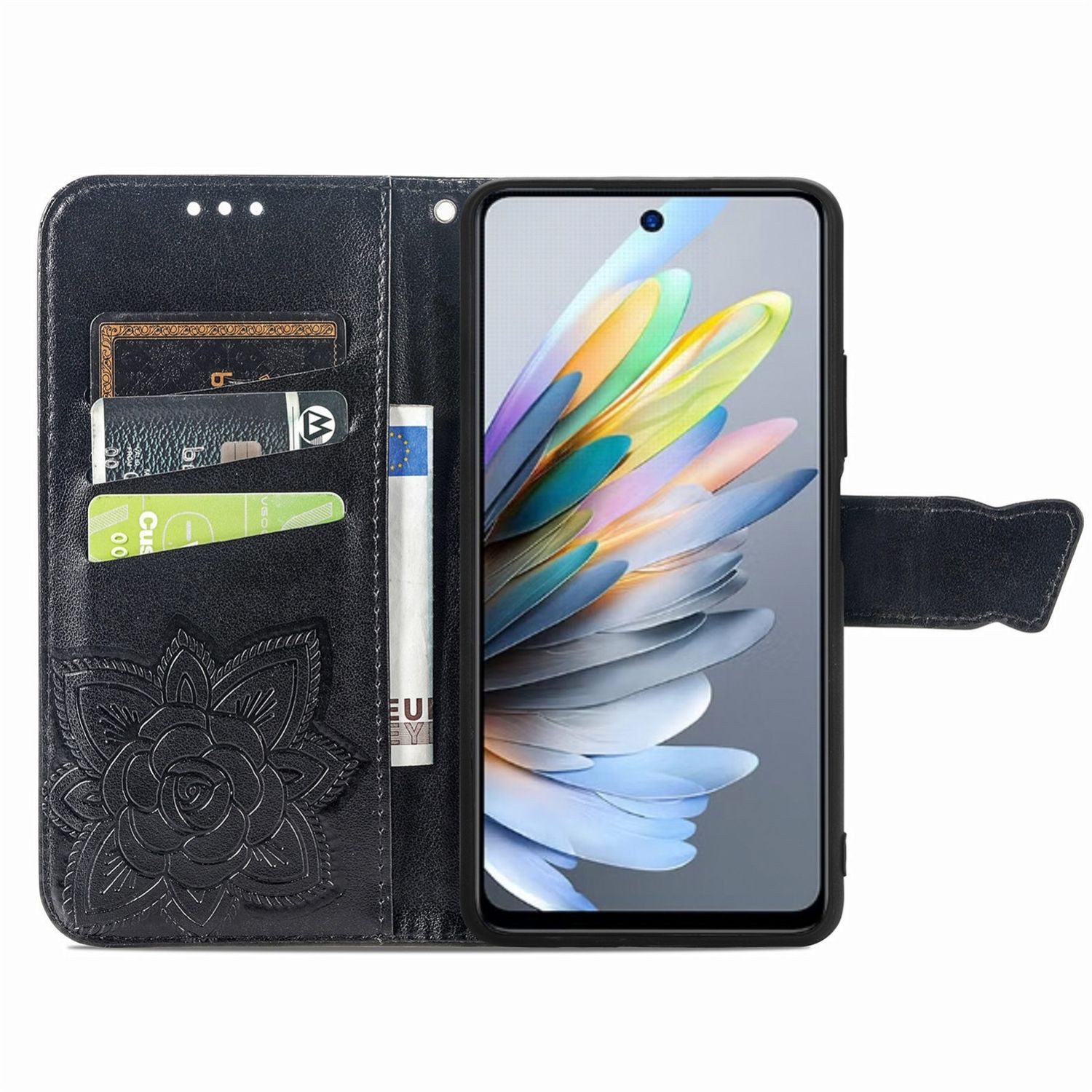 Wigento Smartphone-Hülle Für ZTE Blade A75 4G Kunstleder Schmetterling Wallet Hülle Schwarz, Kunst-Leder Schutzhülle Smart Case Cover magnetischer Verschluss