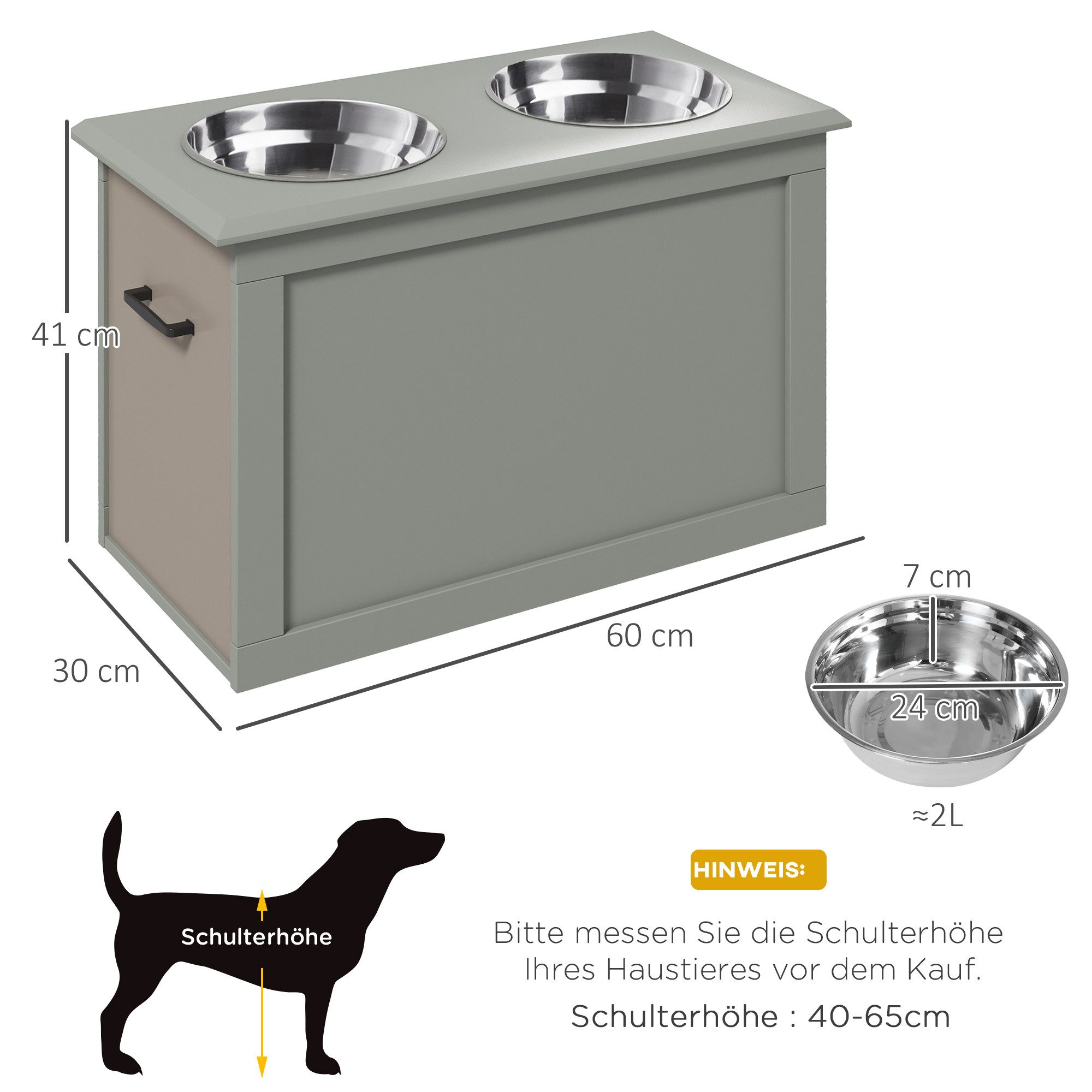PawHut Futternapf Erhöhter Hundenapf mit Staumraum Wassernapf 2 x 2000ml Hundenäpfe, Edelstahl, Grau 60 x 30 x 41 cm