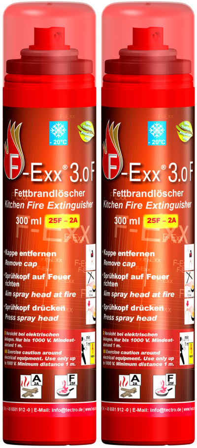 F-Exx Feuerlöschspray F-Exx® 3.0 F Kompakter Fett- und Festbrand-Feuerlöscher im 2er Pack, Elastomer-Kraftkörper (kein Treibgas), Flüssig-Hochleistungs-Fettlöschmittel auf Basis organischer Salze, (2-St) Treibgasfrei