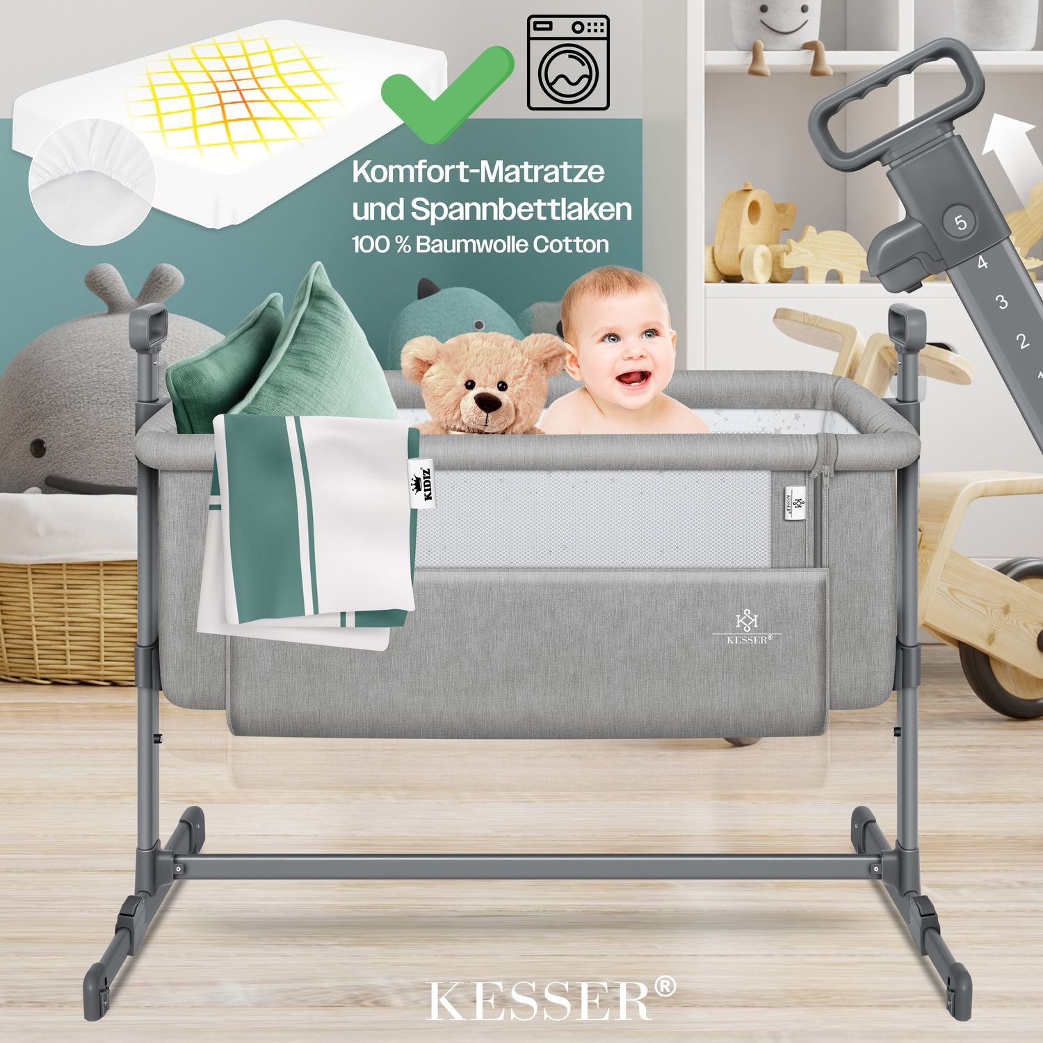 KESSER Kinderbett, Zustellbett Hubi 3in1 Baby Beistellbett Reisebett Babybett