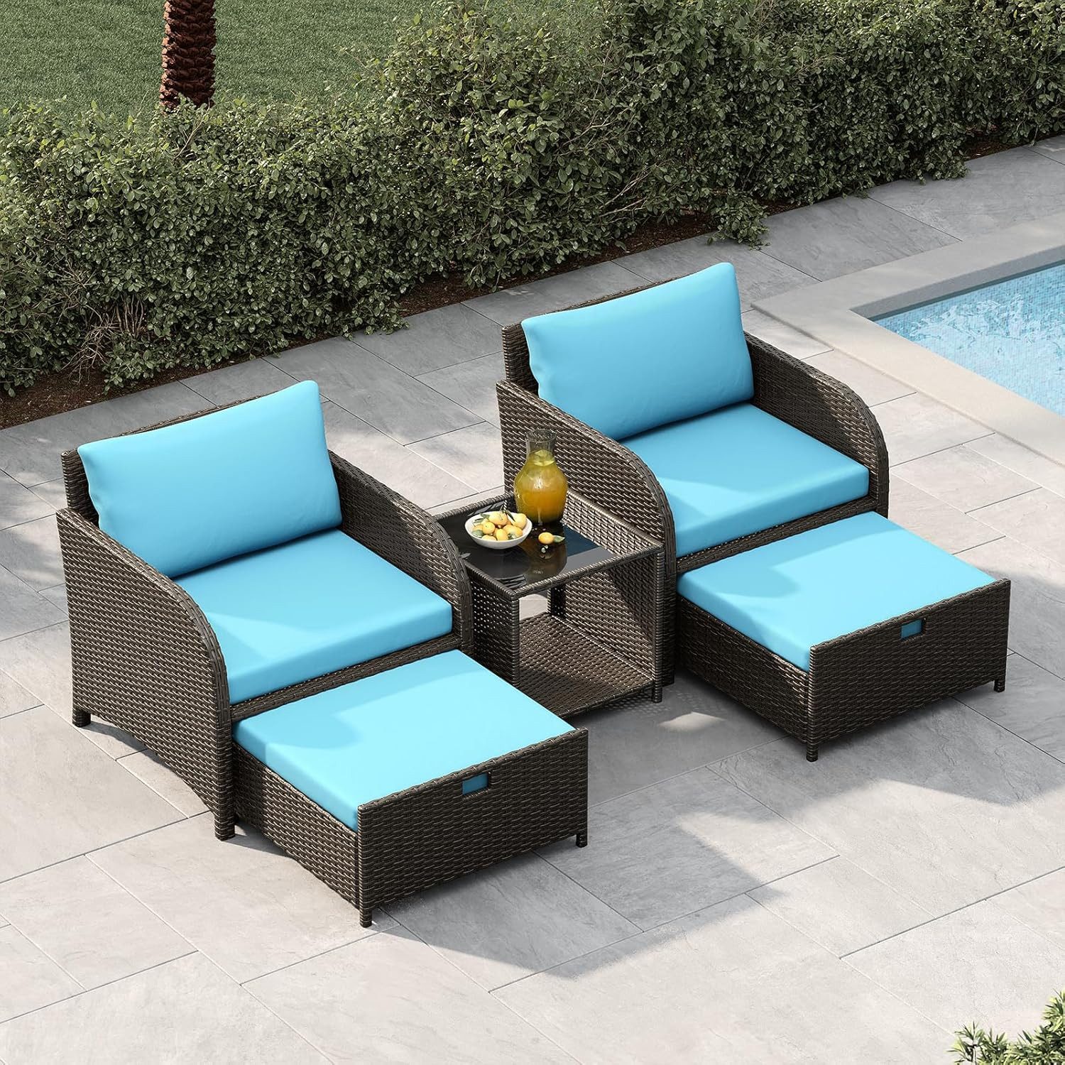 GarveeMore Gartenlounge-Set Terrassenmöbel mit Tisch,5 teilig Rattan Balkonmöbel Kleiner Balkon, Gartenmöbel Set Balkonset 2 Rattansessel mit Hocker,Outdoor Sitzgruppe