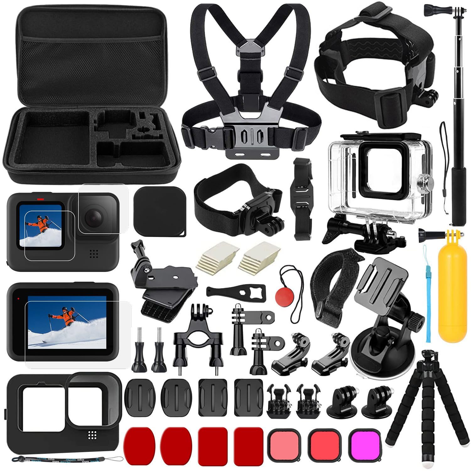 Refined Living Kamerazubehör-Set 55 in 1 Action Kamera Zubehör Set, kompatibel mit GoPro Hero und mehr, (Vielseitiges GoPro Zubehörset, GoPro Zubehörset für HERO 9/10/11/12, Fahrradhalterung für GoPro, hochwertiges Material, für Abenteurer, Sportler, Reis
